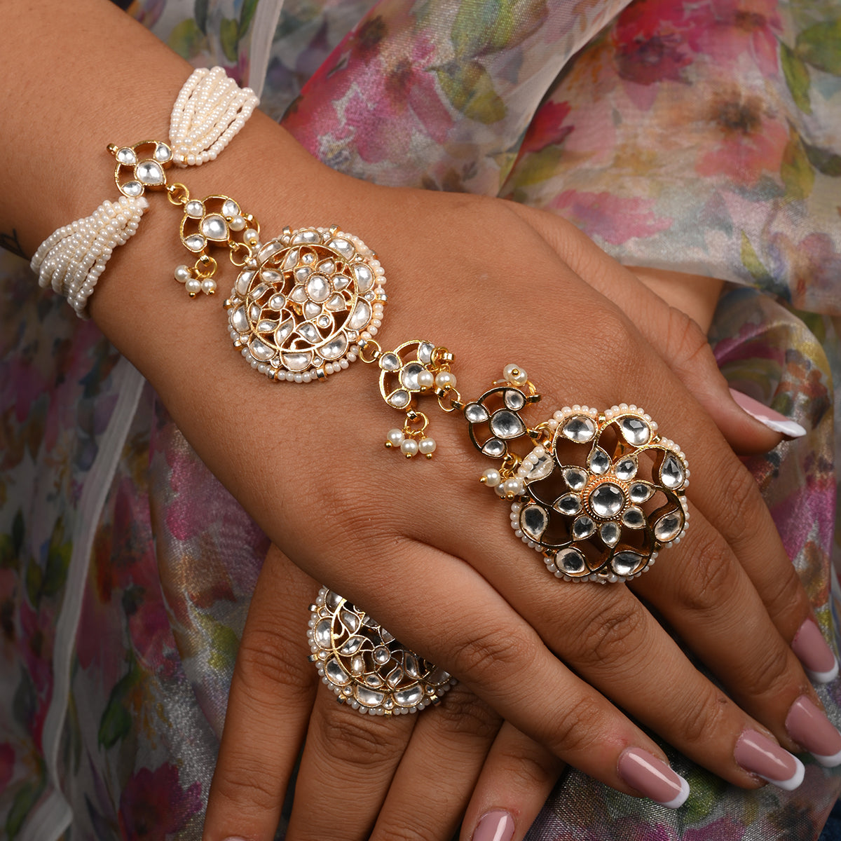 Yuthika Gold Plated Pearl Kundan Hathphool
