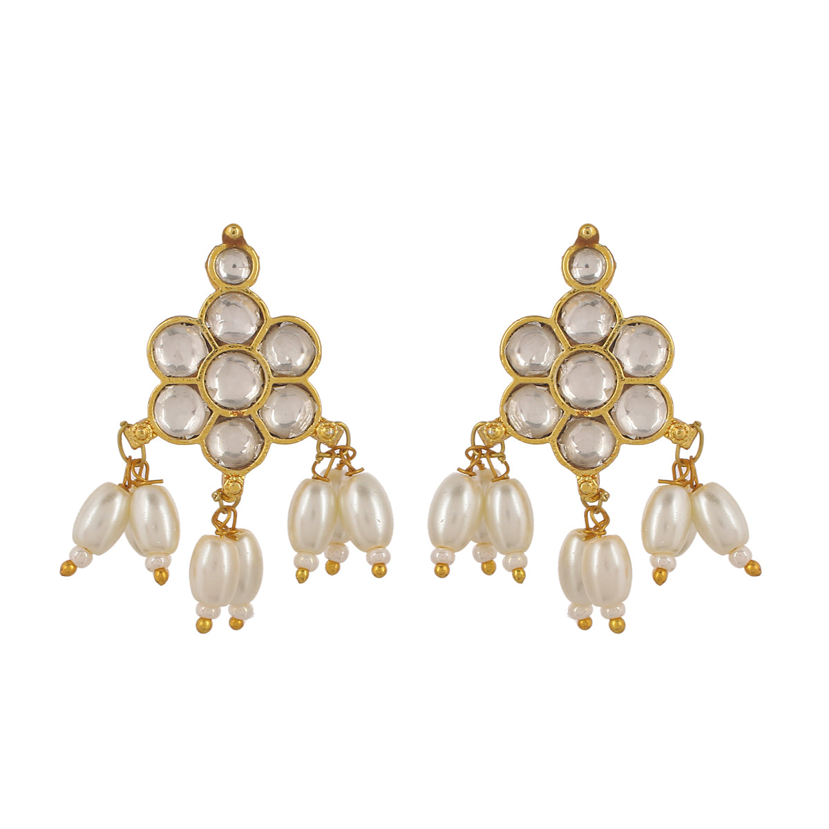 SJTN009- White Colour Gold Plated Jadau Kundan Flower Motif Hasli Necklace with Earrings