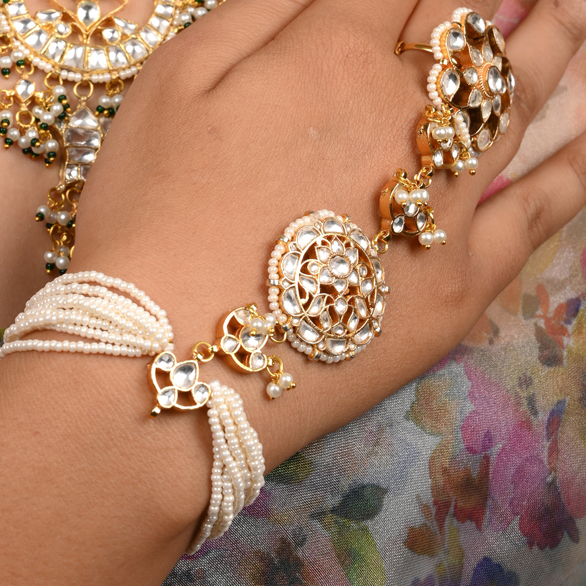 Yuthika Gold Plated Pearl Kundan Hathphool