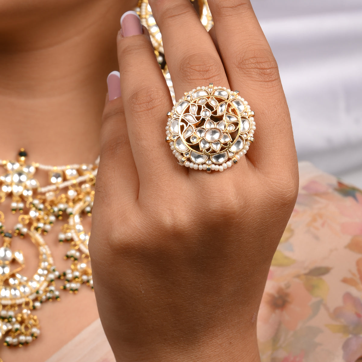 SJR0009- White Colour Gold Plated Jadau Kundna Ring