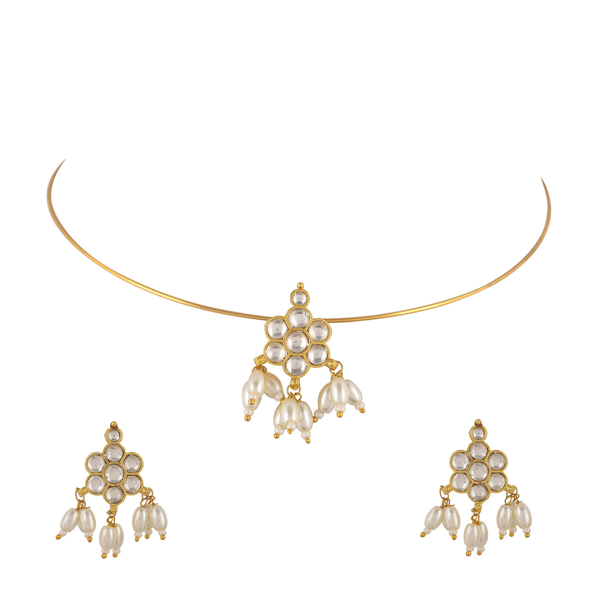 SJTN009- White Colour Gold Plated Jadau Kundan Flower Motif Hasli Necklace with Earrings