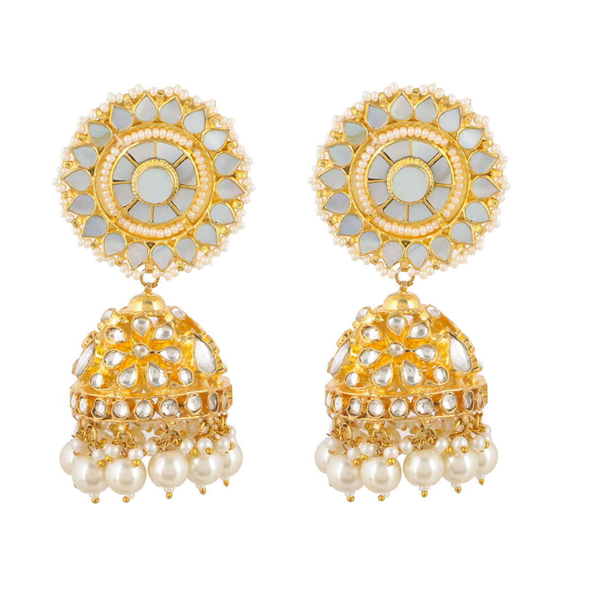 SJE039- White Colour Gold Plated Mother of Pearl & Jadau Kundan Mix Jhumki Earrings