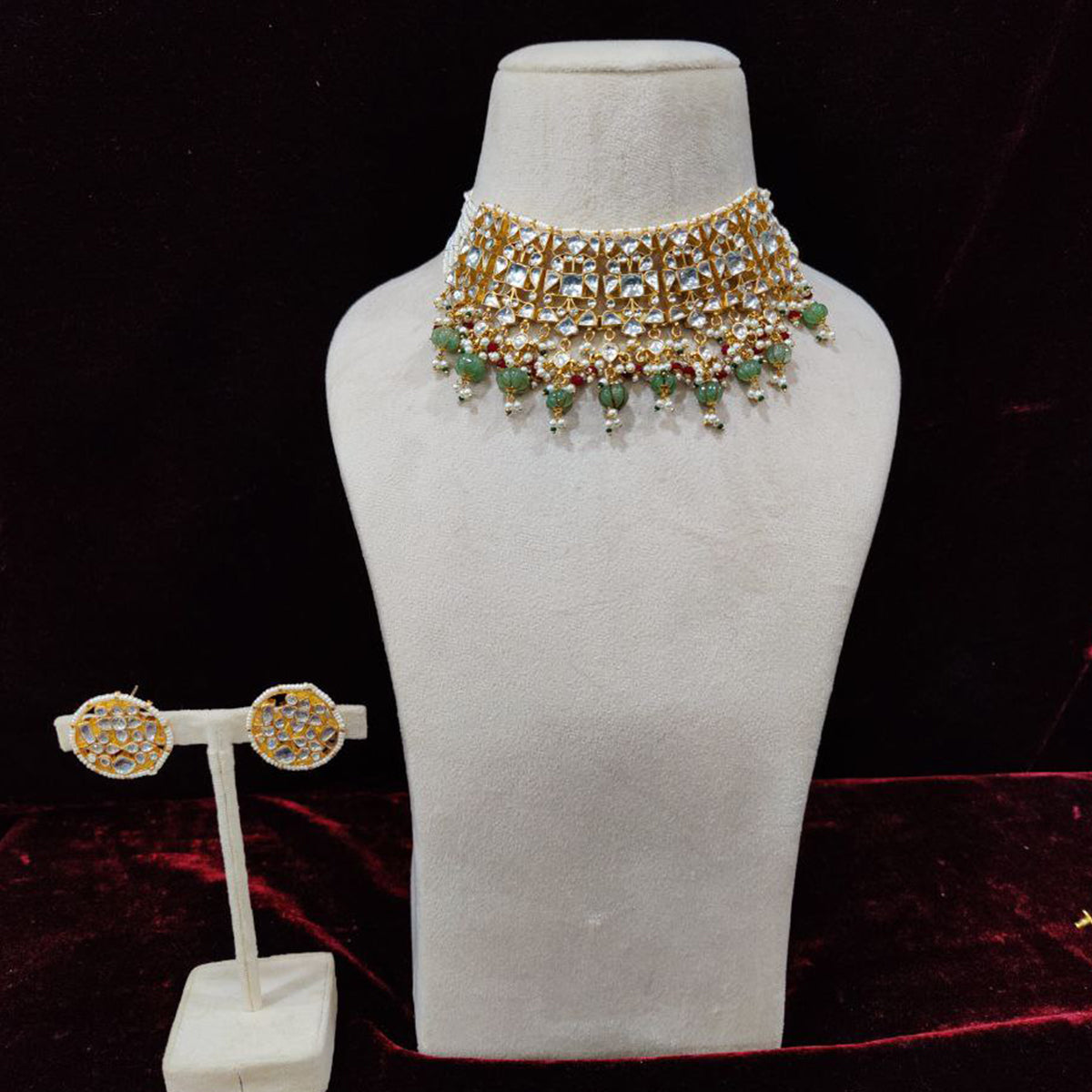 SJN027- Green & Magenta Pink Color Gold Plated Jadau Kundan Choker Set