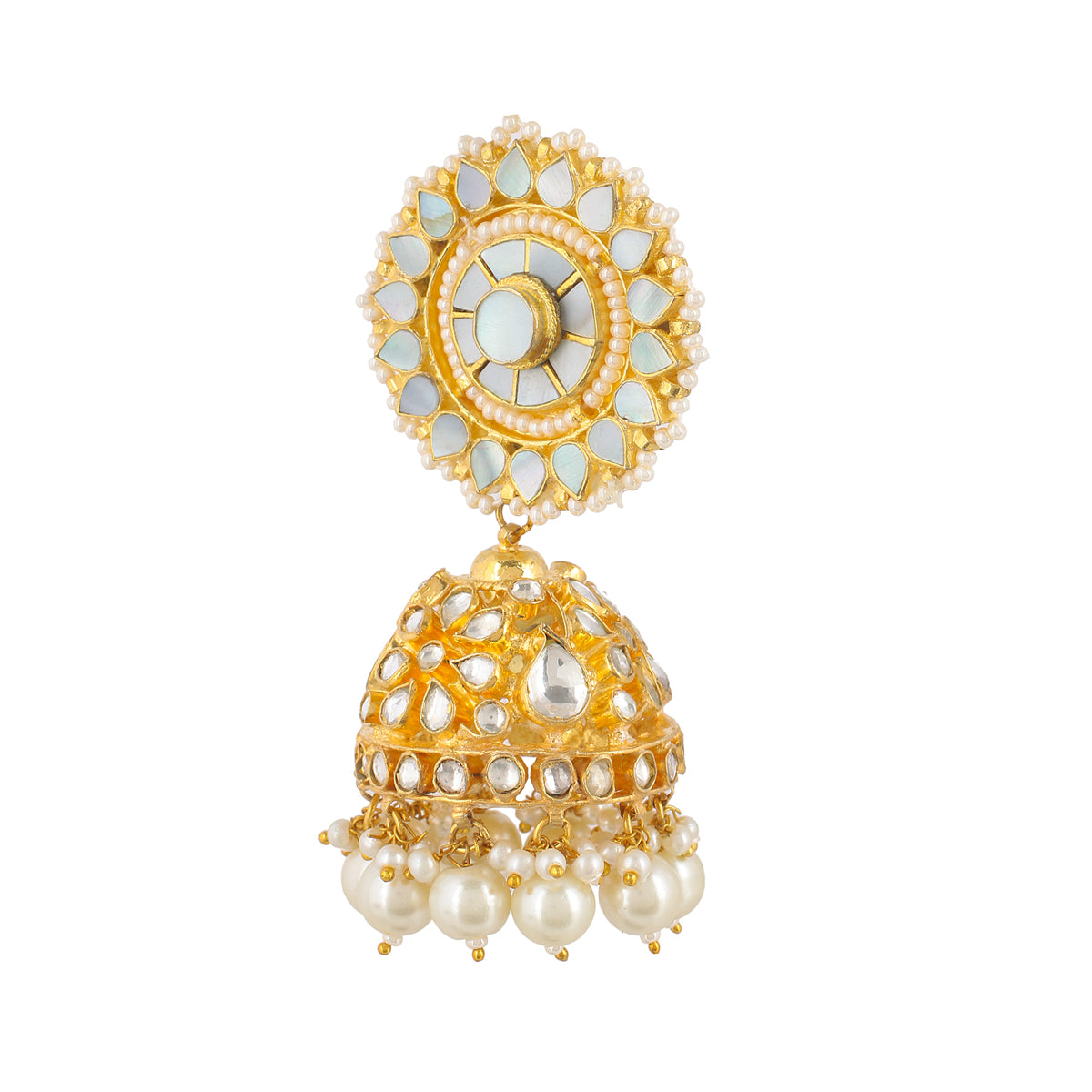 SJE039- White Colour Gold Plated Mother of Pearl & Jadau Kundan Mix Jhumki Earrings