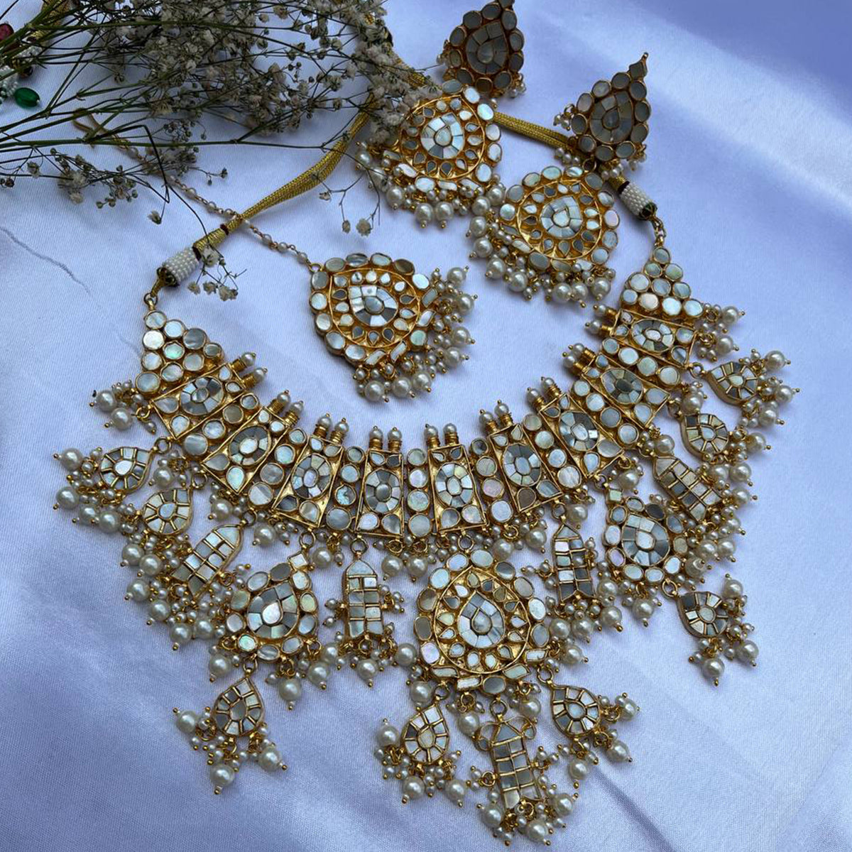 Faiza Mother Of pearl Necklace Set with Tika