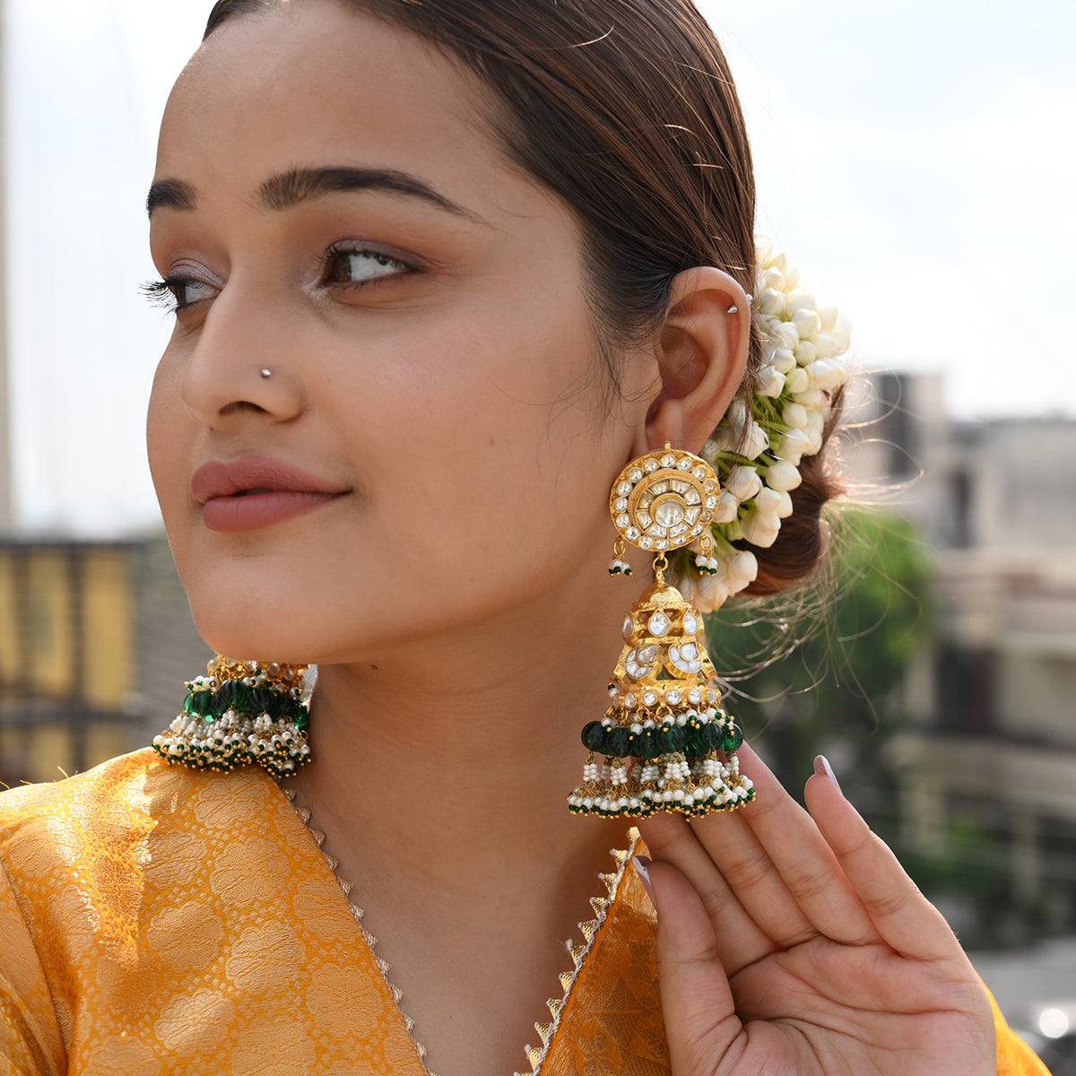 Kevalya Kundan Green Jhumkas/Earring