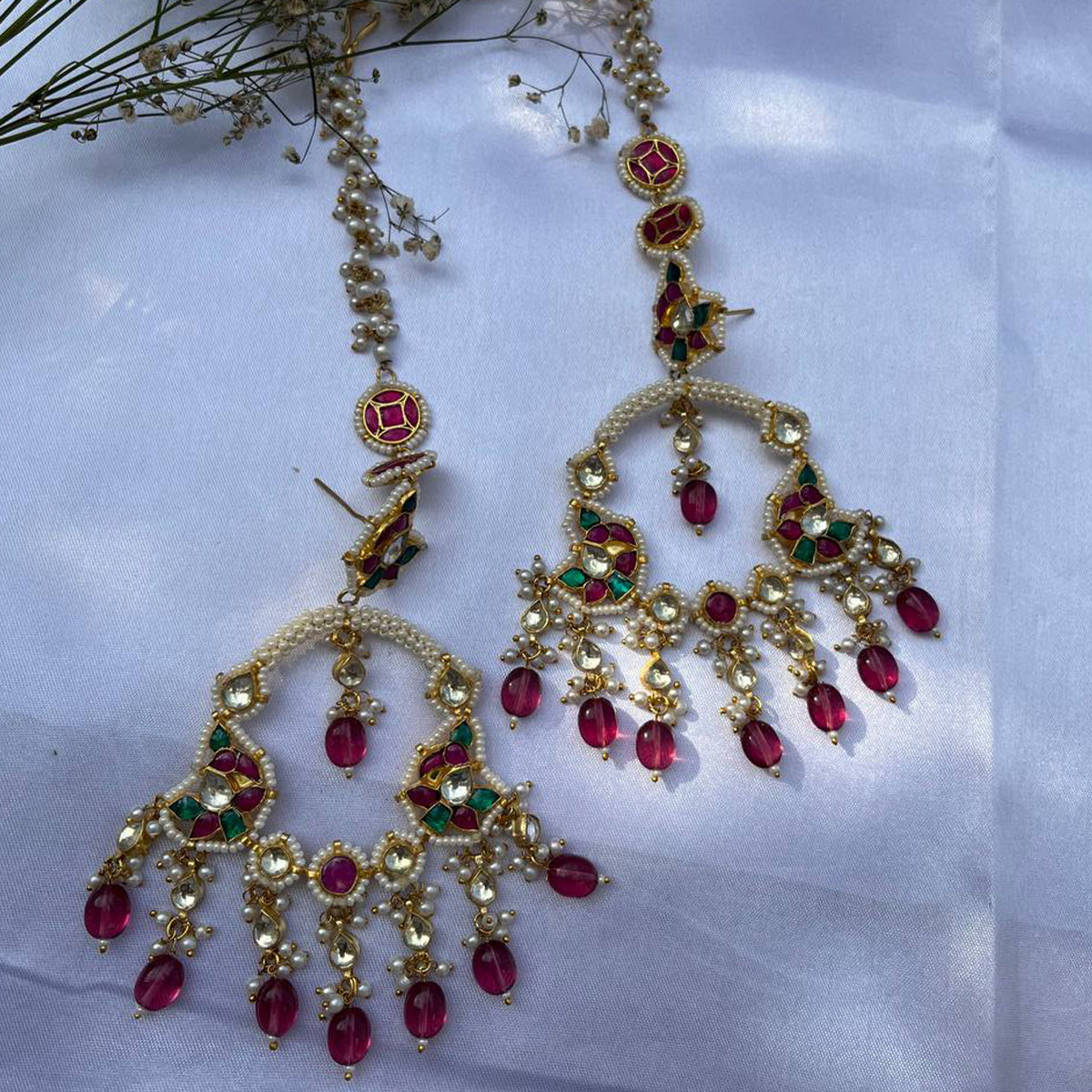 Kshiraj Pink Earrings with Hair Chain
