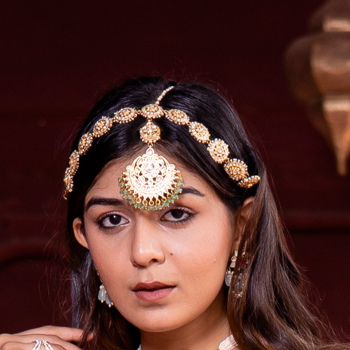 SJH021- White & Mint Color Gold Plated Jadau Kundan Headband/Sheeshphool