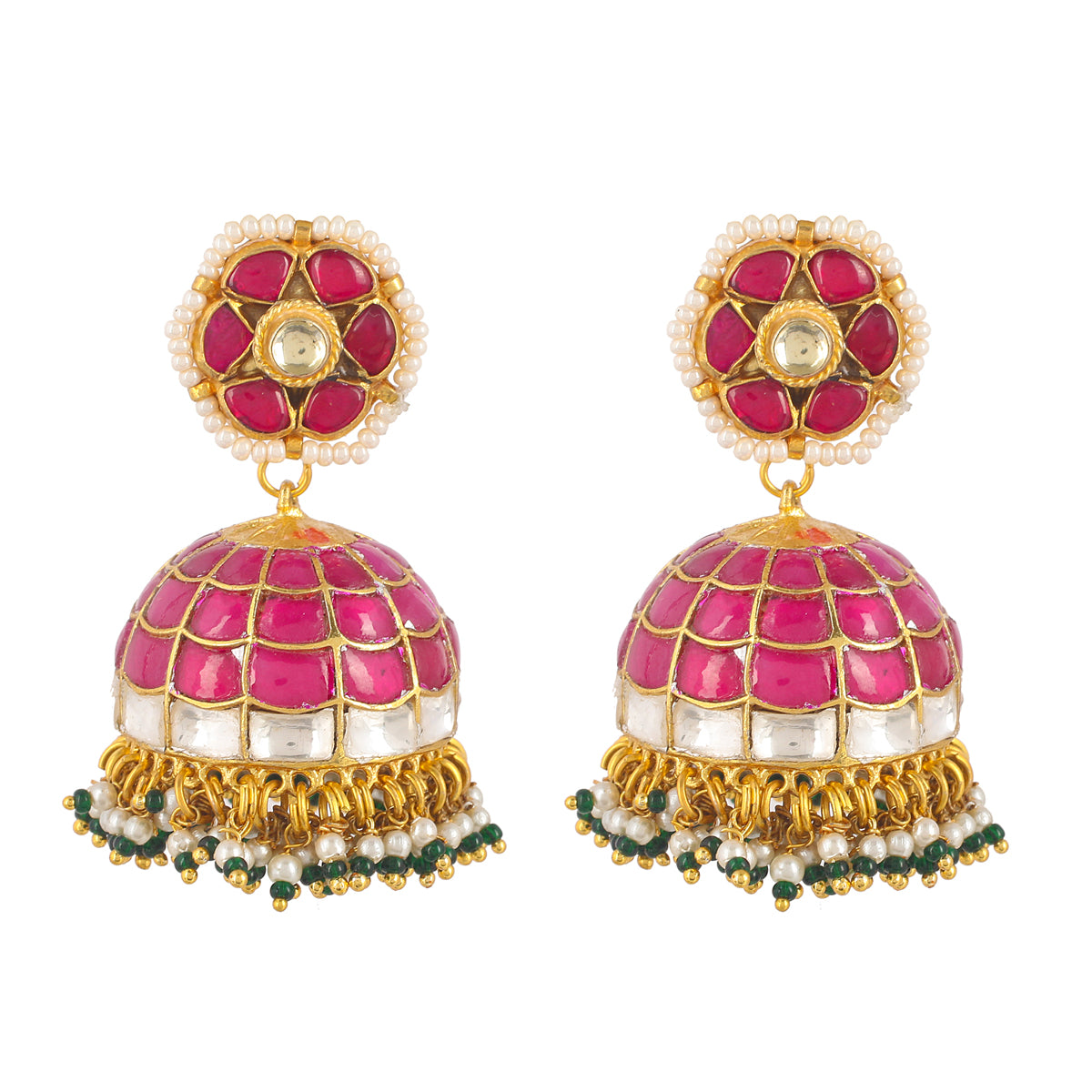 SJE045- Pink and White Colour Gold Plated Jadau Kundan Jhumki Earrings