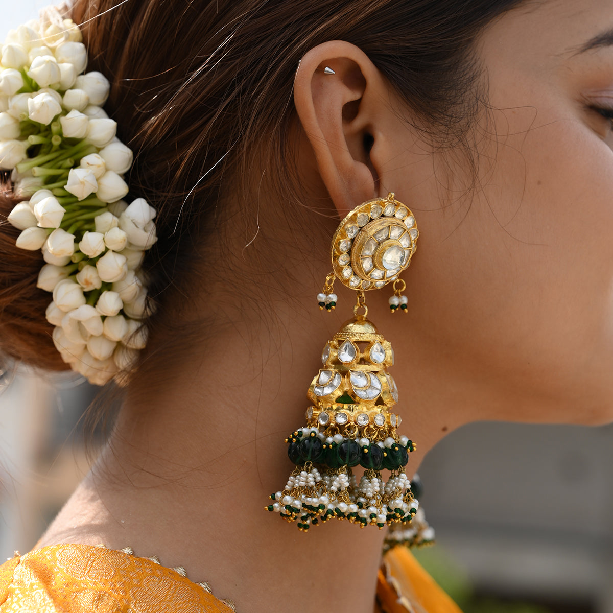 Kevalya Kundan Green Jhumkas/Earring