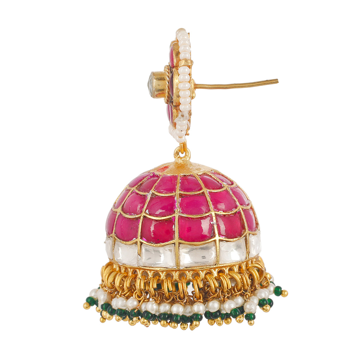 SJE045- Pink and White Colour Gold Plated Jadau Kundan Jhumki Earrings