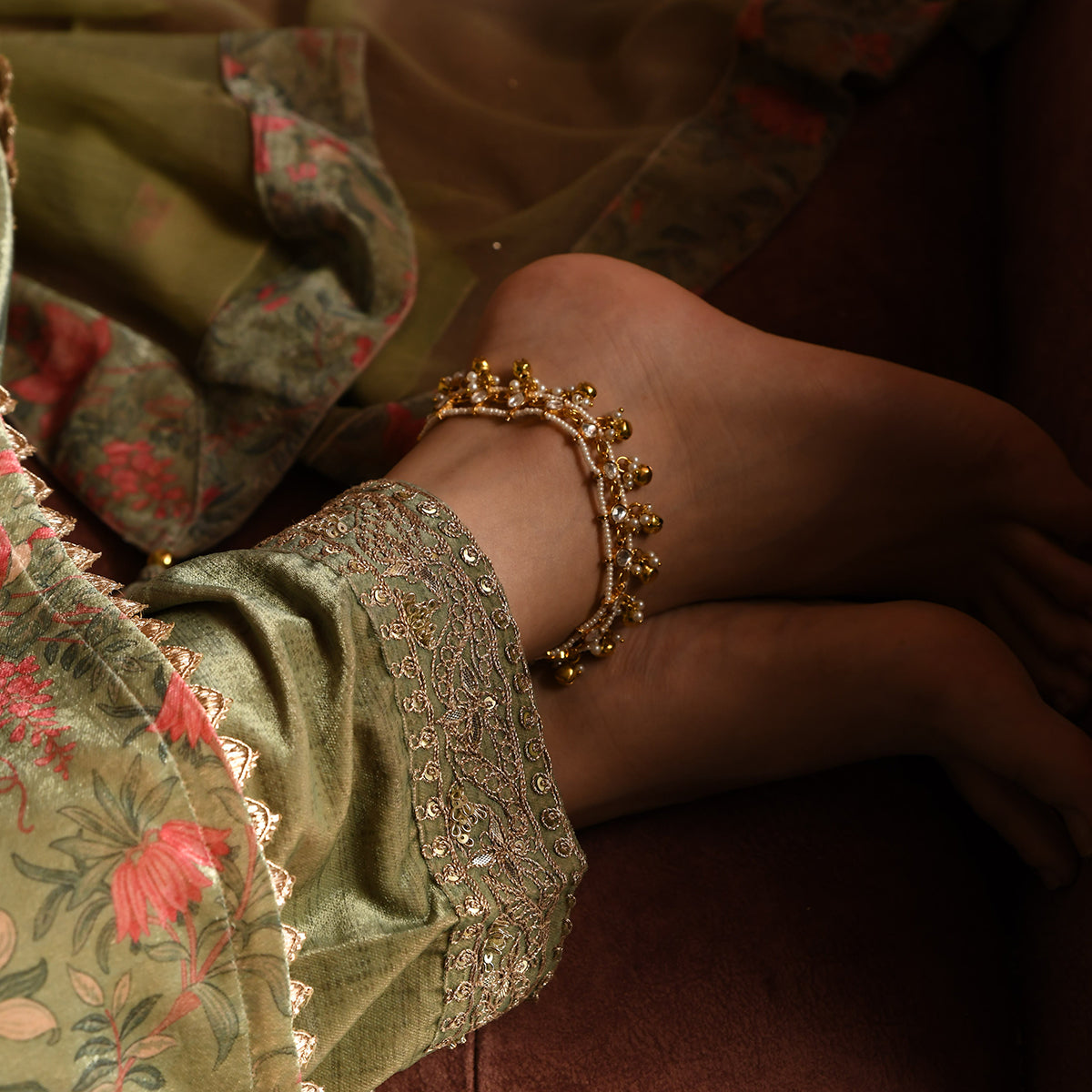 Diego Pearl Kundan Anklets with Ghunghru