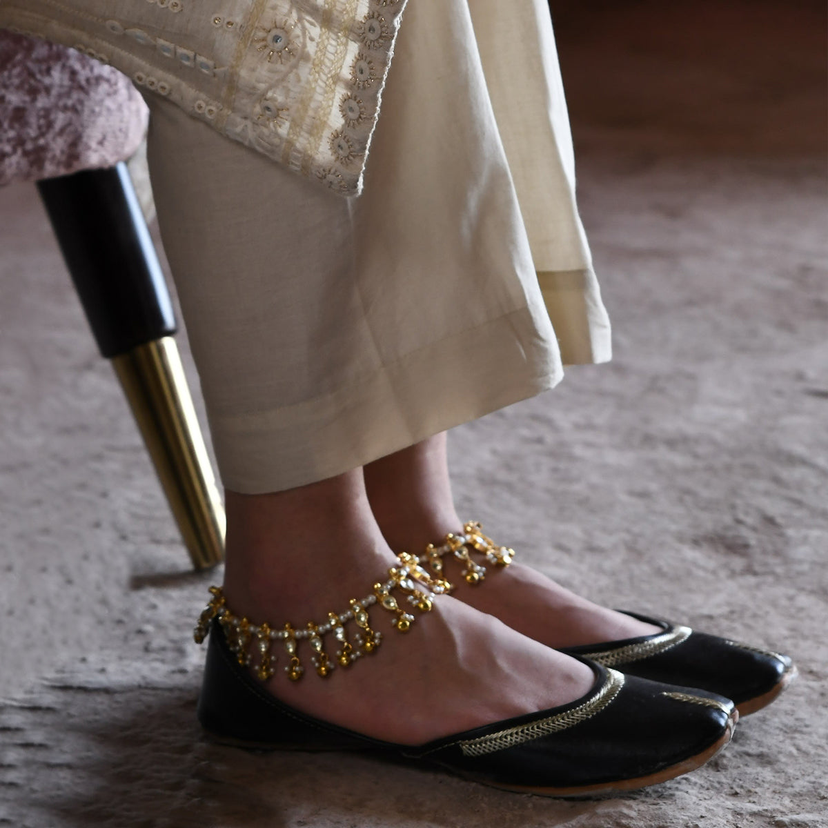 Desiderio Gold Plated Jadau Kundan Anklets with Ghungru