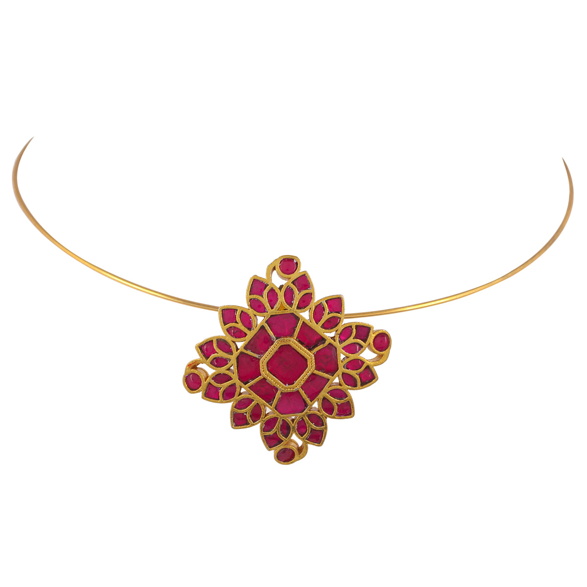 SJTN008- Red Colour Gold Plated Jadau Kundan Hasli with Earrings