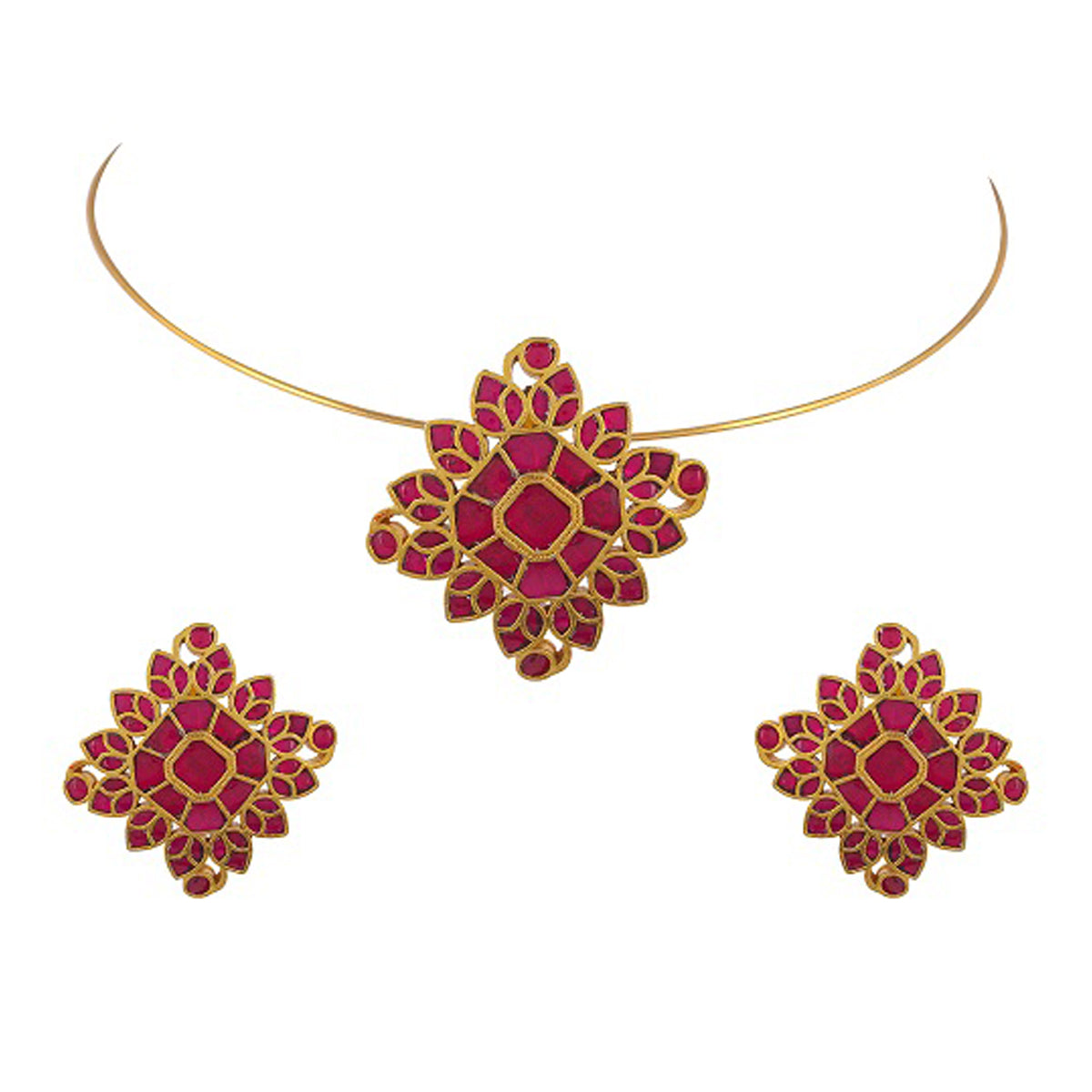 A gold-plated hasli with red square kundan stones and a pair of earrings matching the necklace.