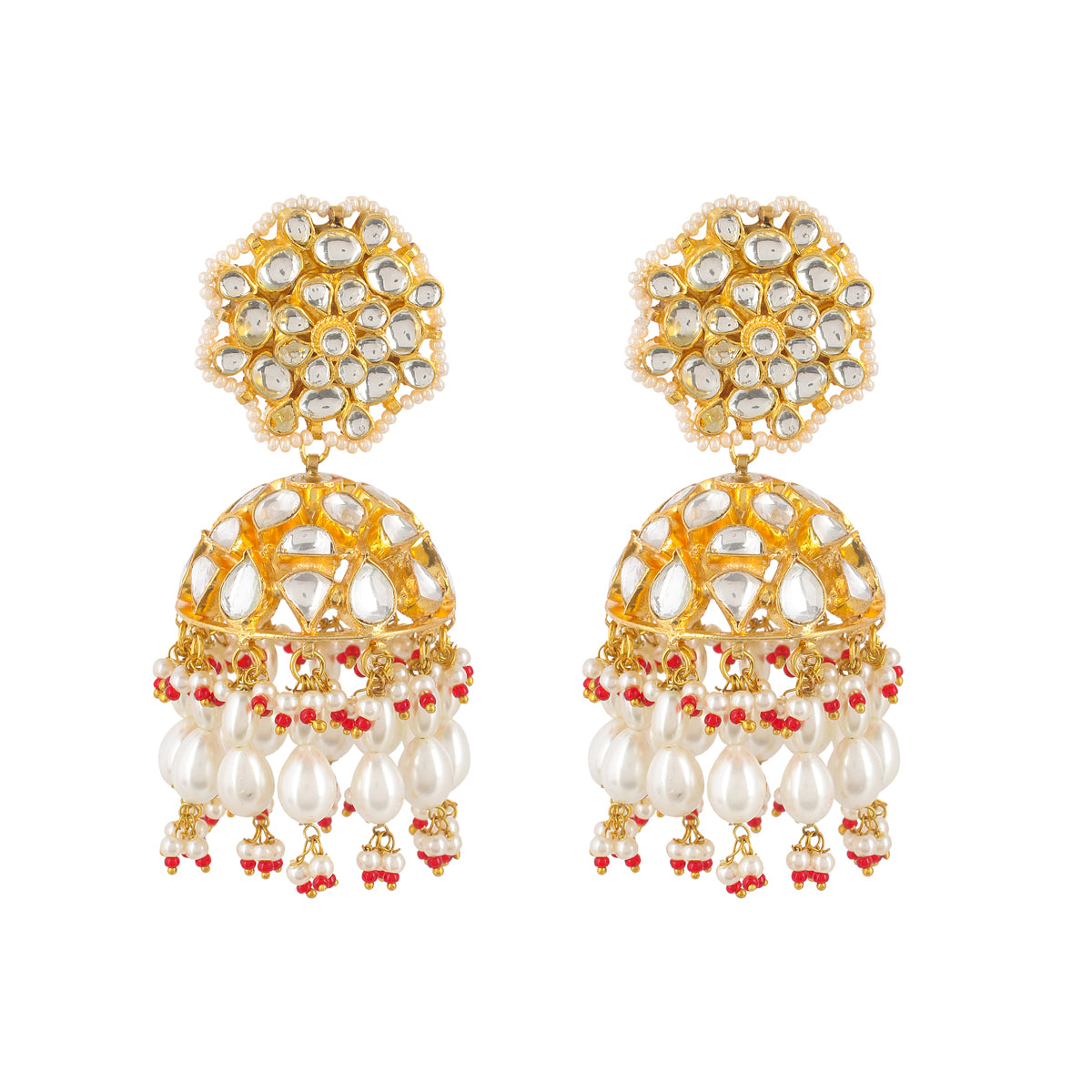 SJN127- White and Red Color Gold Plated Jadau Kundan Bridal Necklace with Earings