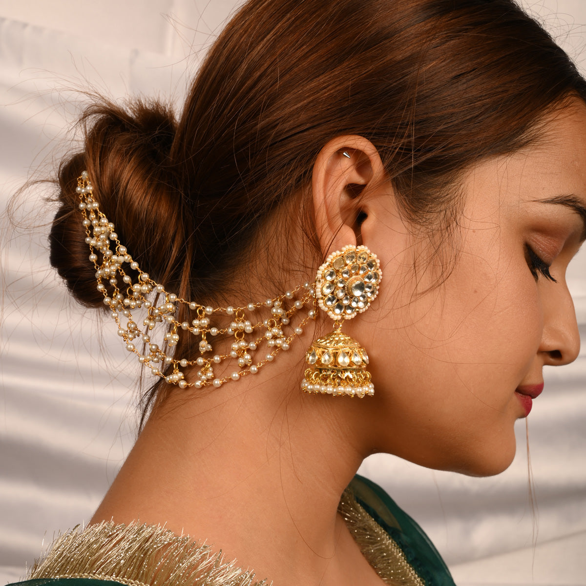 SJKC001- White Colour Gold Plated Jadau Kundan Minimalist Style Earchian and Jhumki Optional