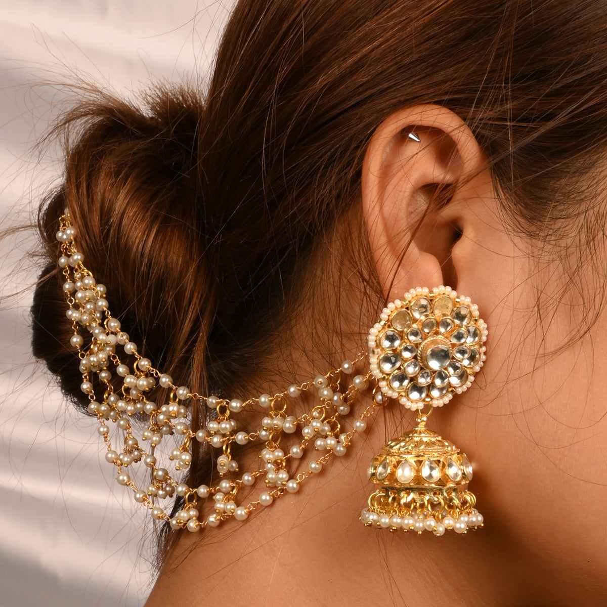 SJKC001- White Colour Gold Plated Jadau Kundan Minimalist Style Earchian and Jhumki Optional