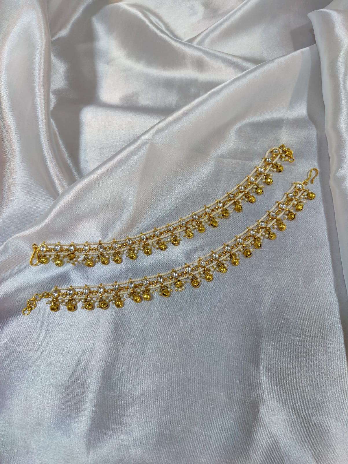 Diego Pearl Kundan Anklets with Ghunghru