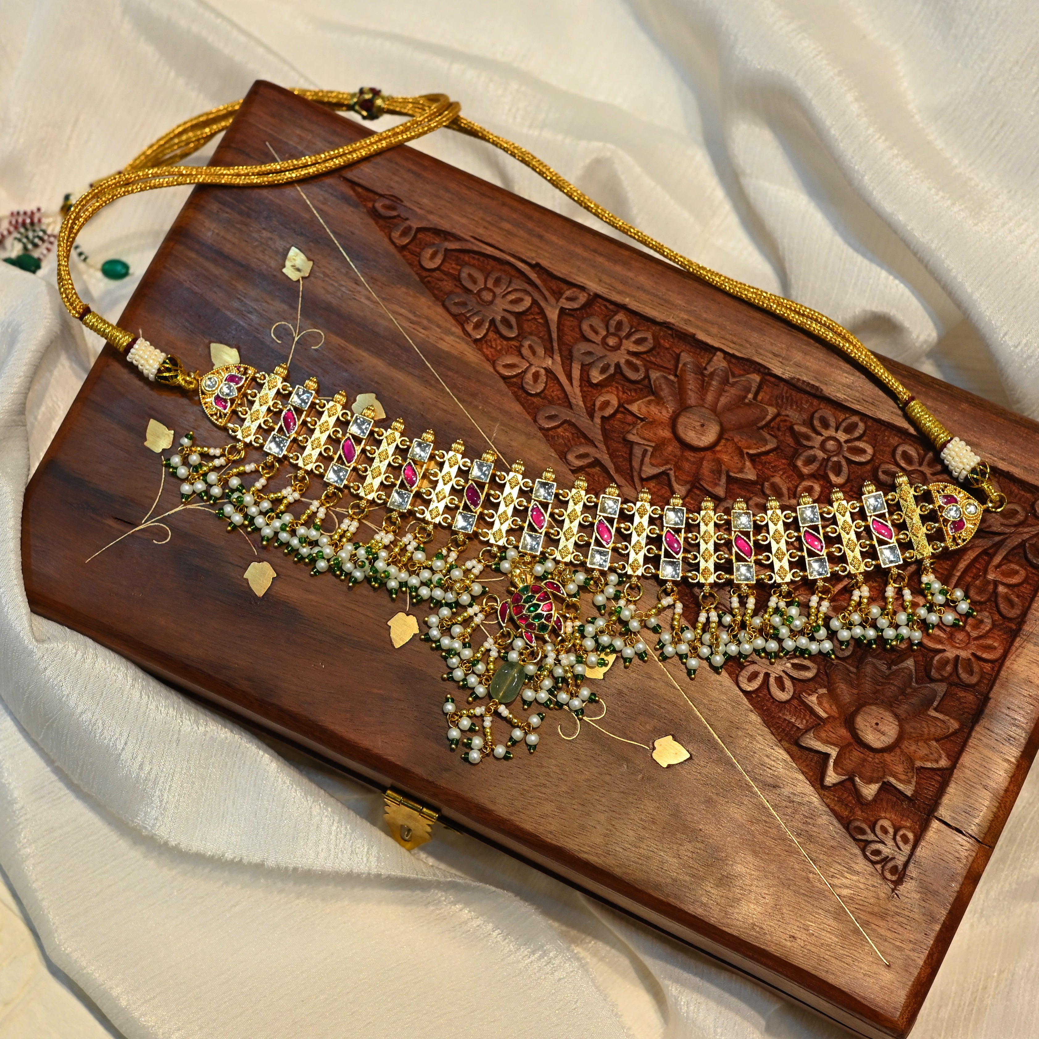 SJN1083- Multi Colour Gold Plated Jadau Kundan Choker with Earrings
