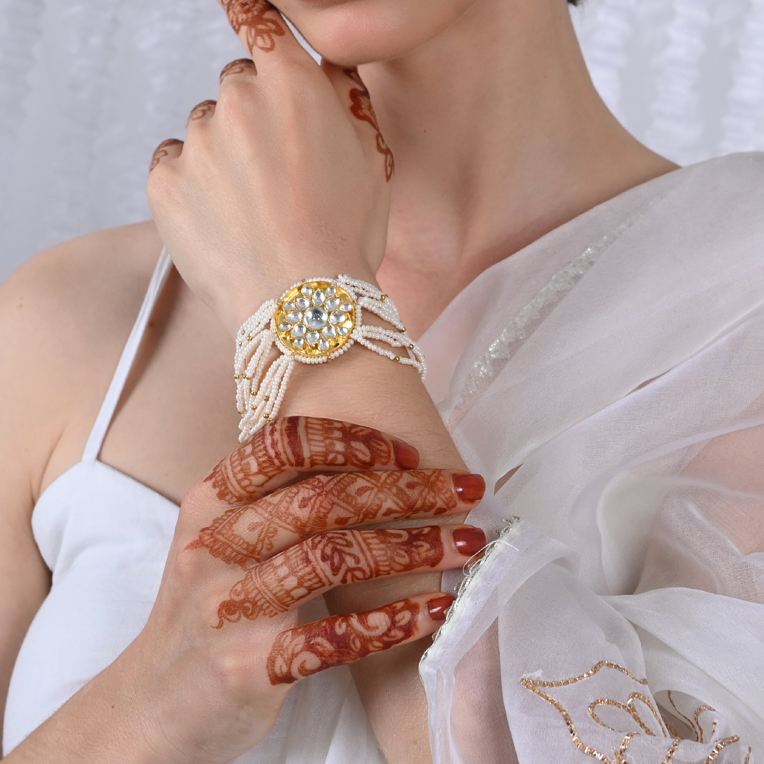 SJRB1035- White Colour Gold Plated Jadau Kundan Bracelet