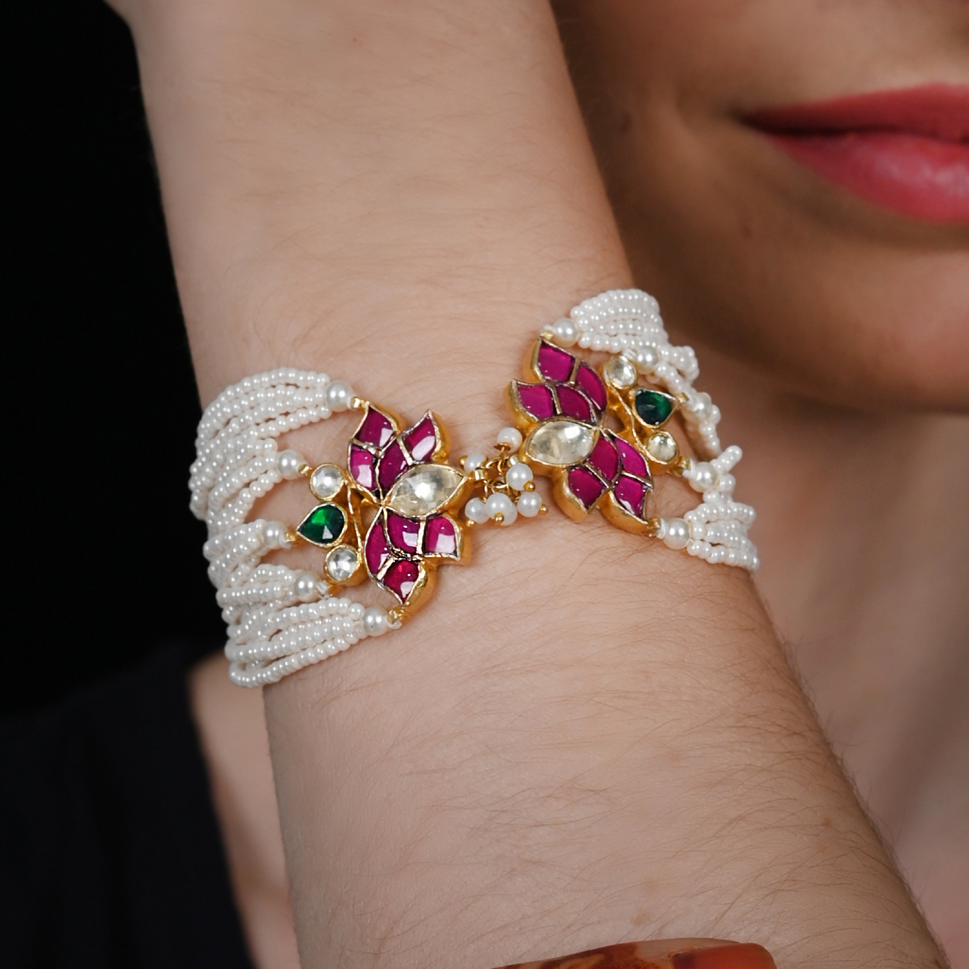 SJRB1036- Multi Colour Gold Plated Jadau Kundan Bracelet