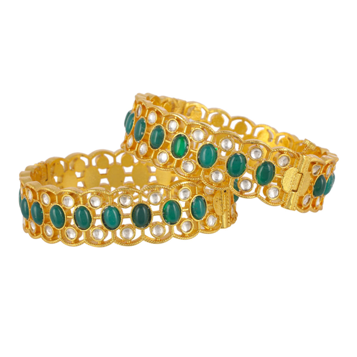 SJB1016- Green and White Colour Gold Plated Jadau Kundan Bangle