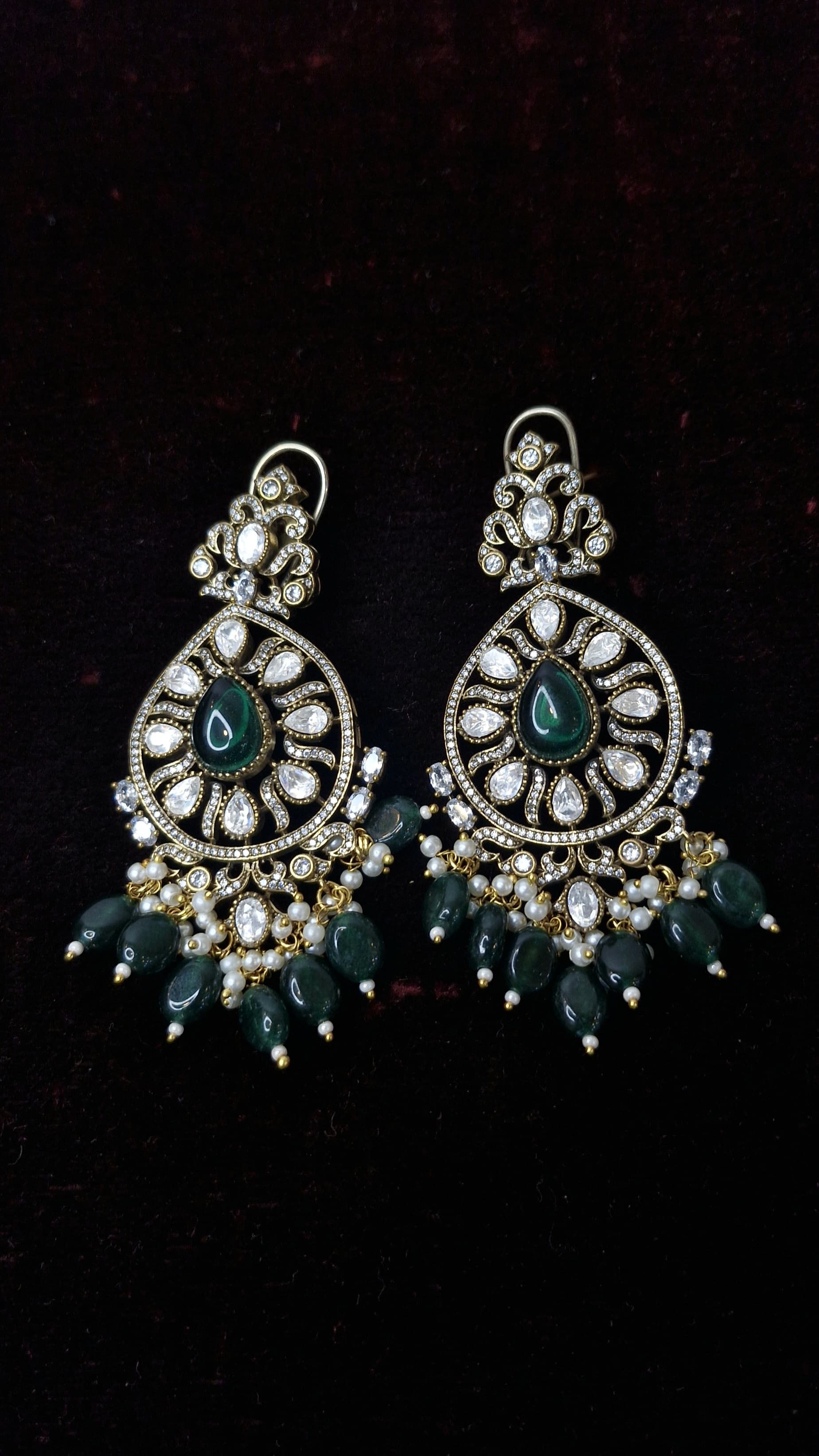 SJE1121- Green and White Colour Faux Polki Dangler Earrings