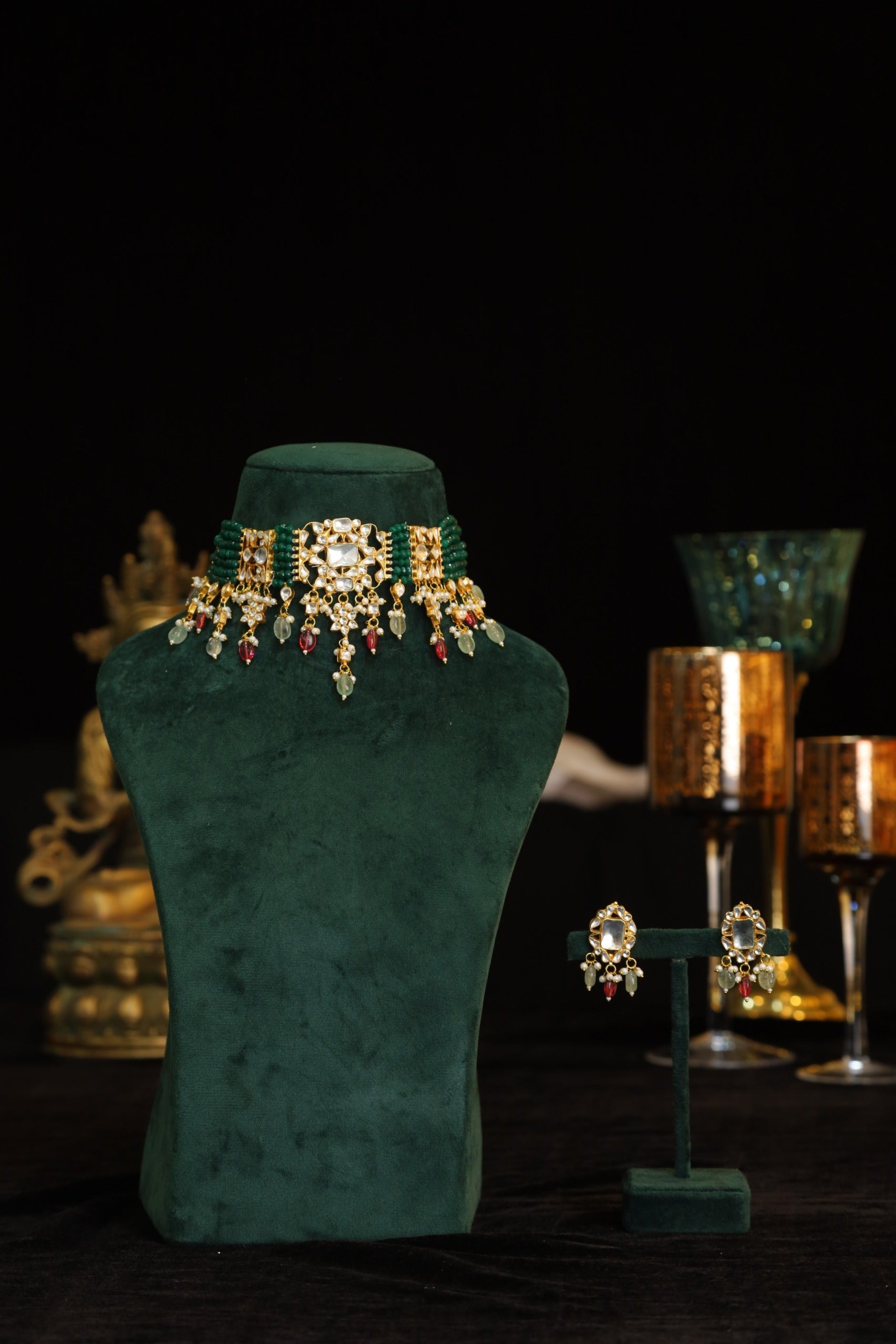 SJN1197- Green and White Colour Gold Plated Jadau Kundan Choker with Earrings