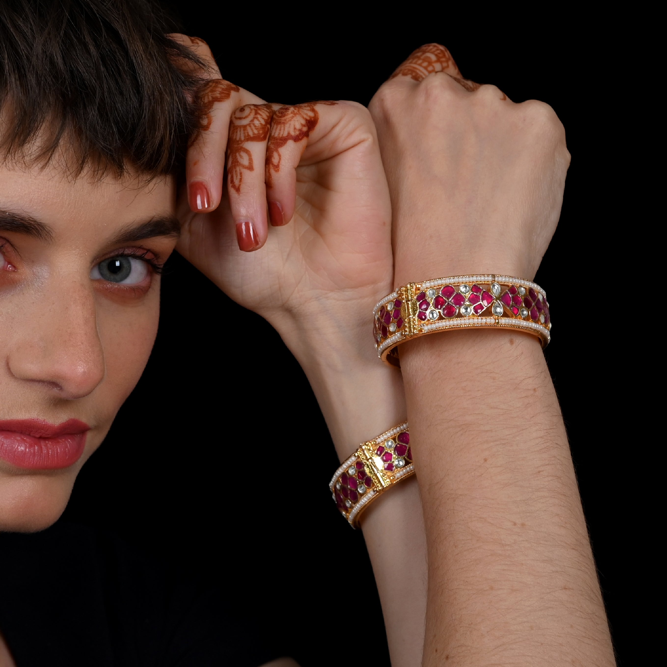 SJB1004- Pink and White Colour Gold Plated Jadau Kundan Bangle