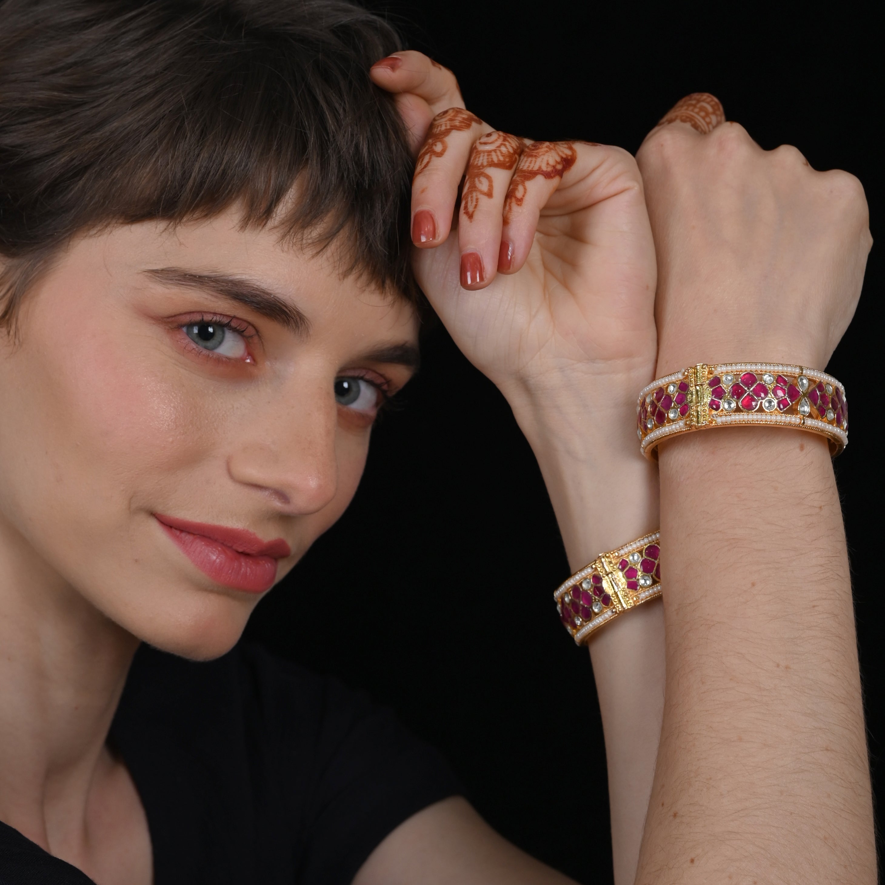 SJB1004- Pink and White Colour Gold Plated Jadau Kundan Bangle