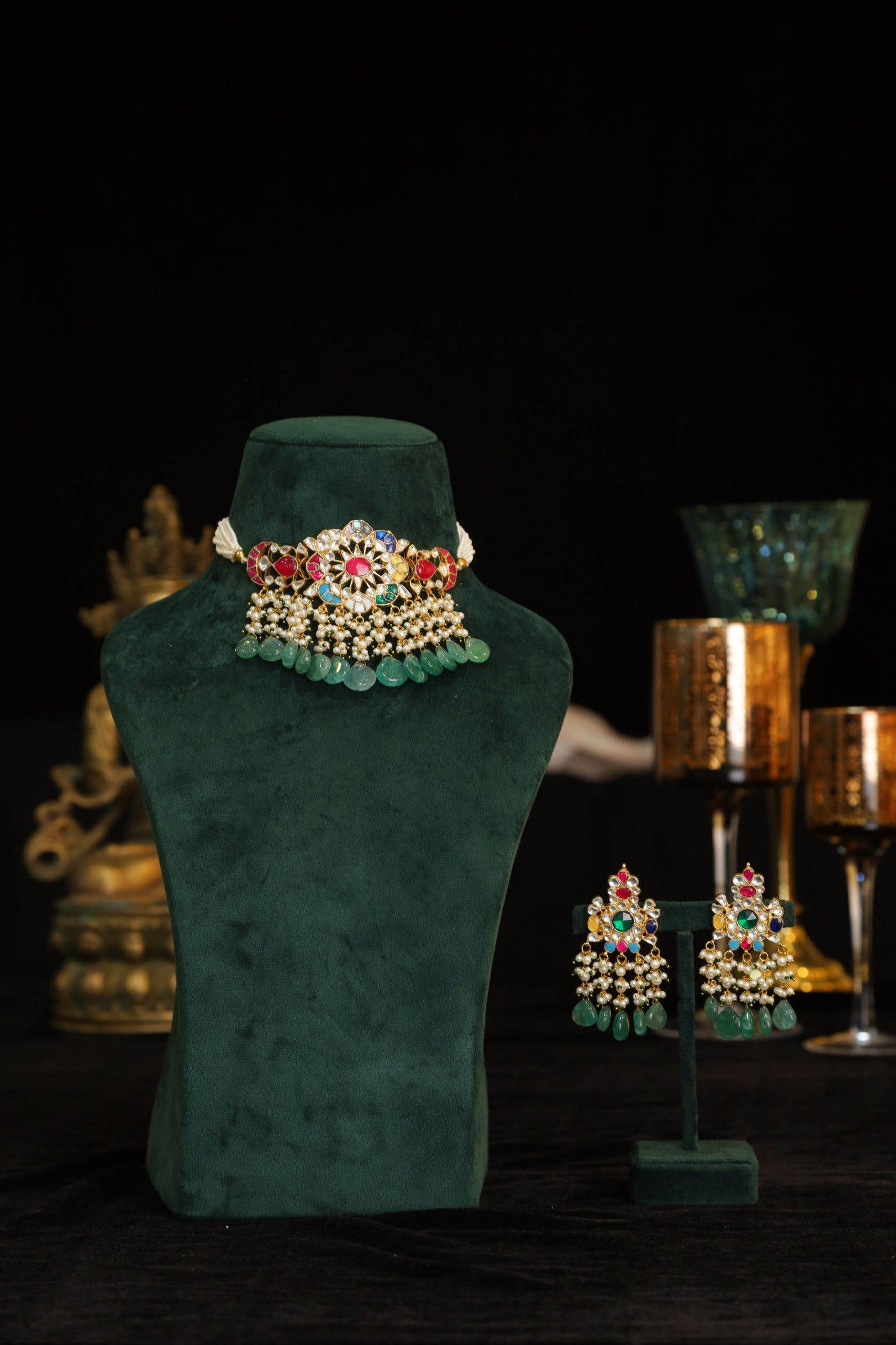 SJN1198- Multi Colour Gold Plated Jadau Kundan Choker with Earrings