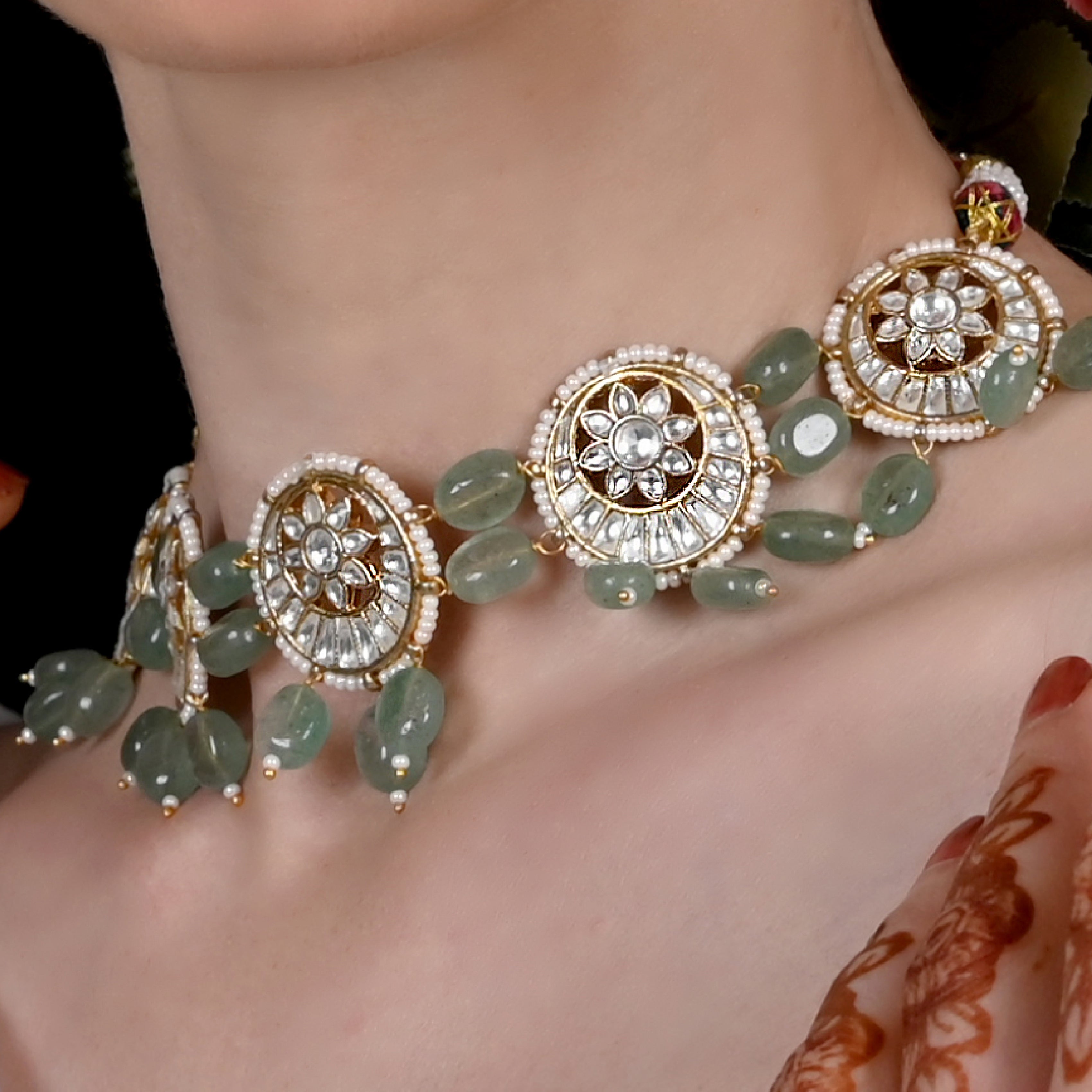 SJN1034- White and Green Colour Gold Plated Jadau Kundan Choker