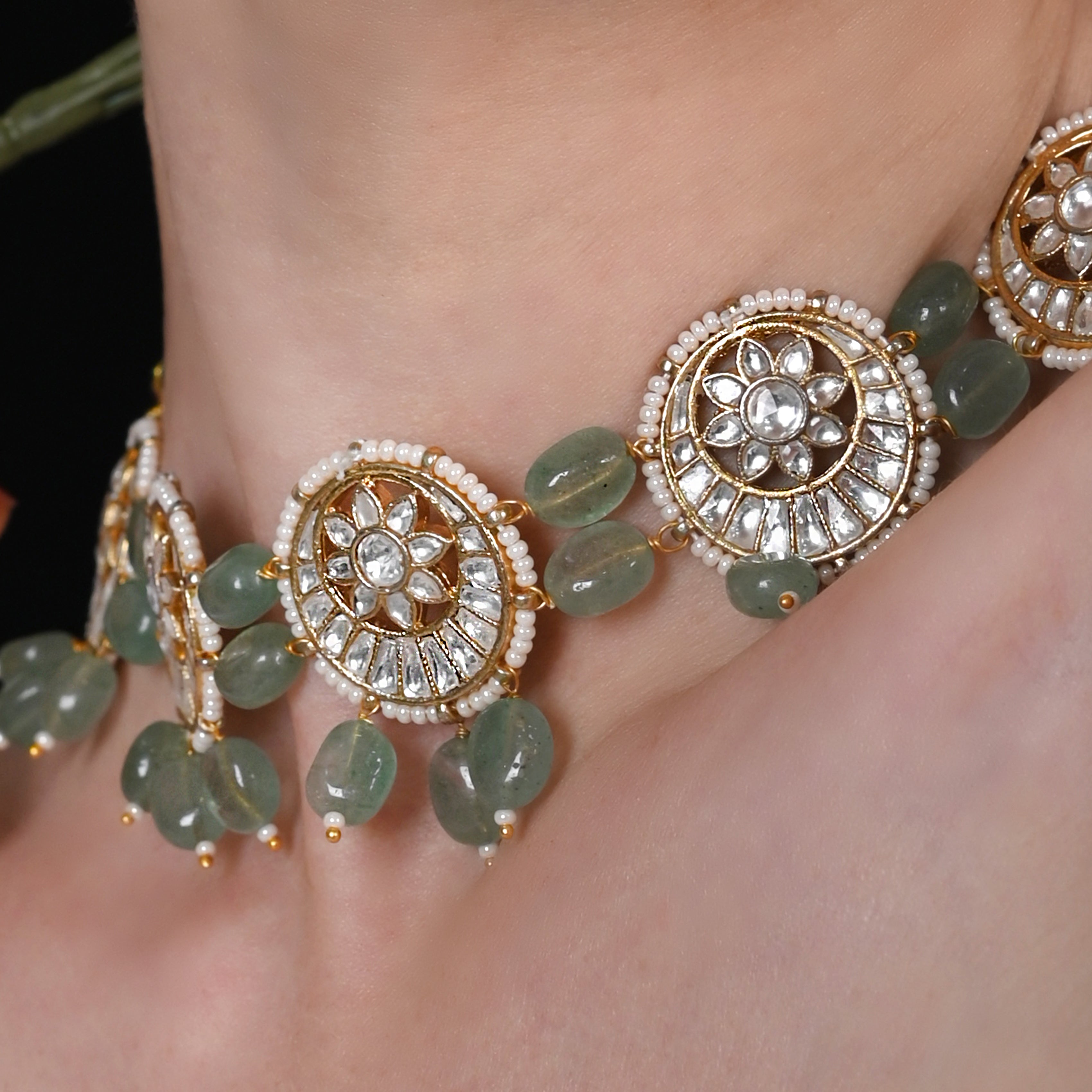 SJN1034- White and Green Colour Gold Plated Jadau Kundan Choker