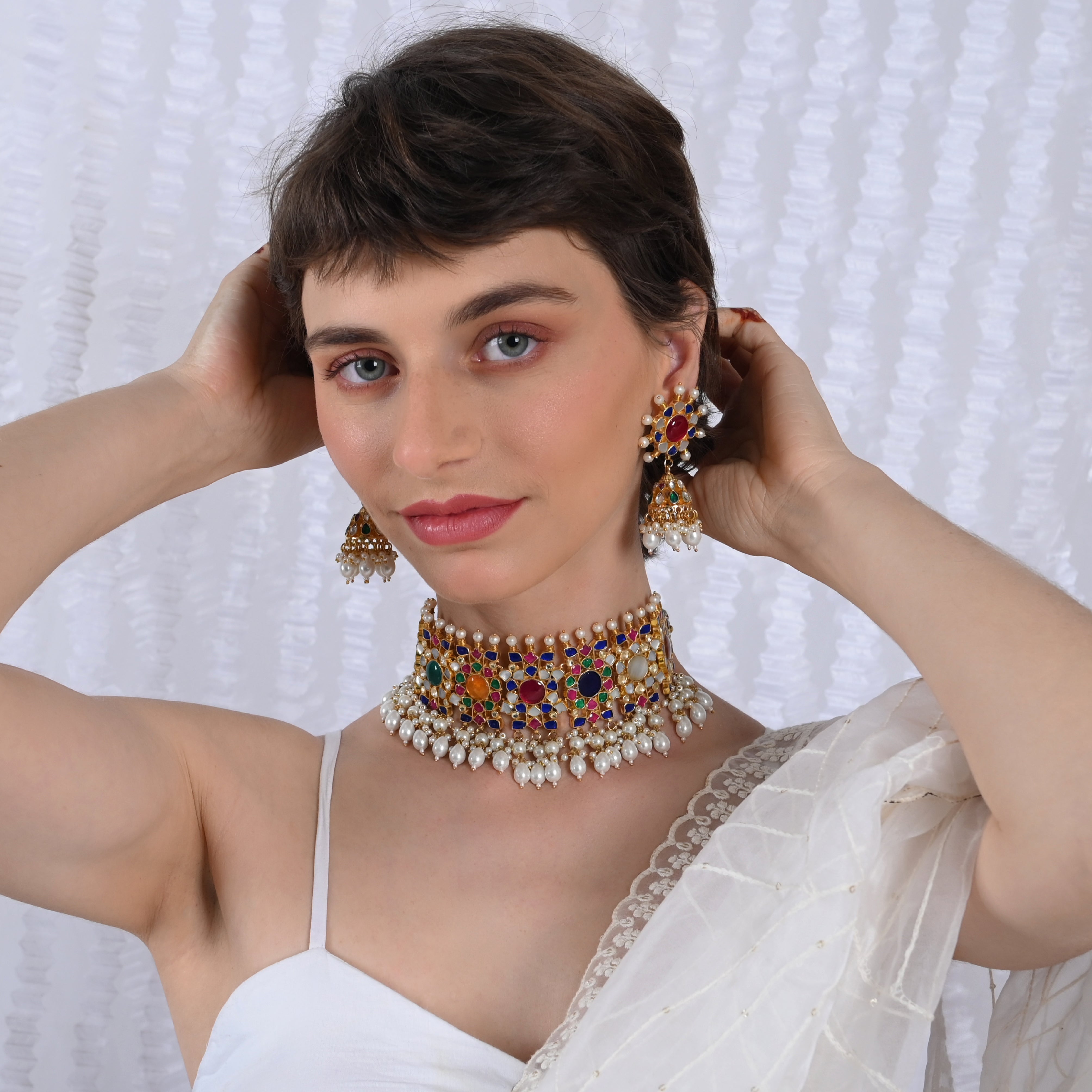 SJN1024- Multi Colour Gold Plated Jadau Kundan Choker with Earrings