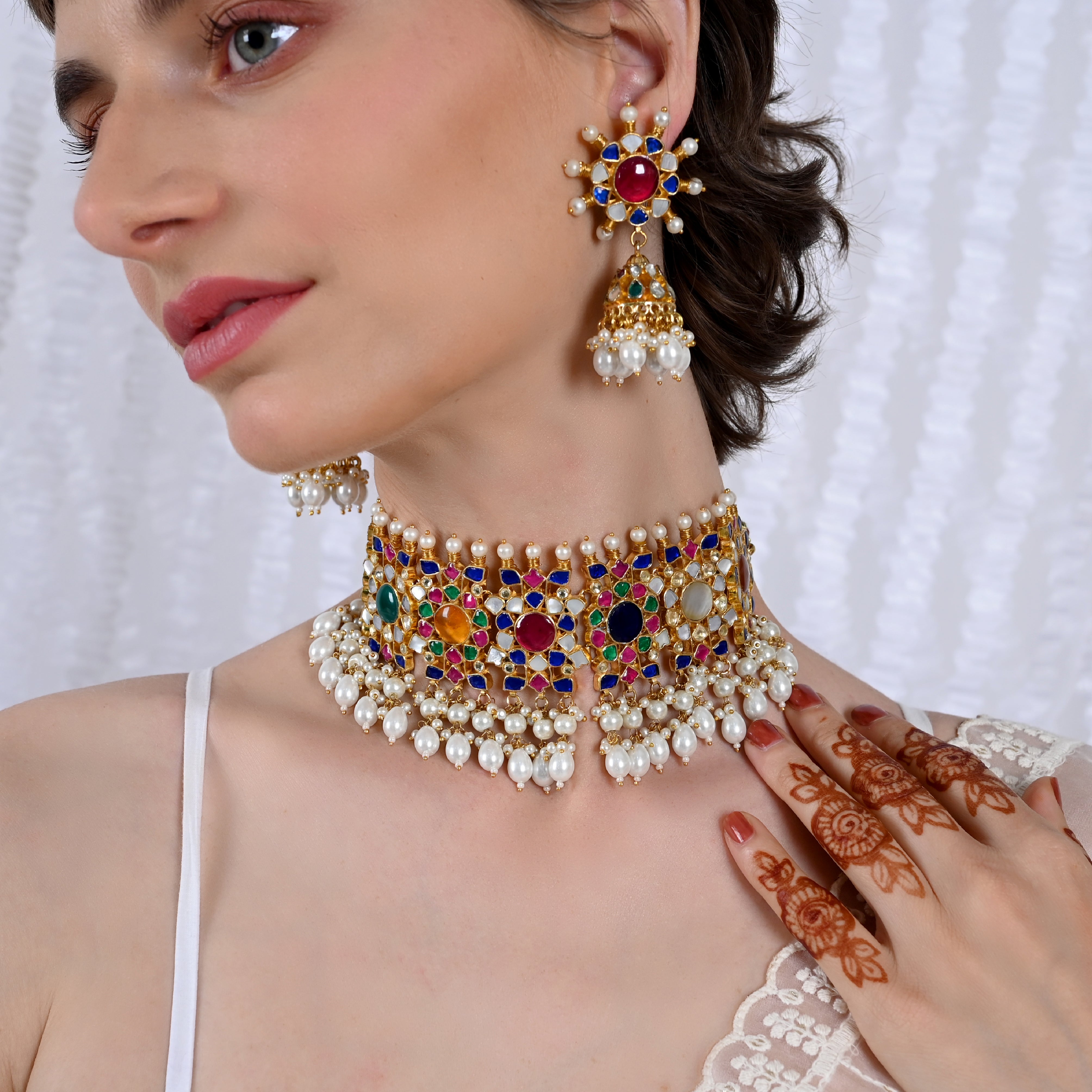 SJN1024- Multi Colour Gold Plated Jadau Kundan Choker with Earrings