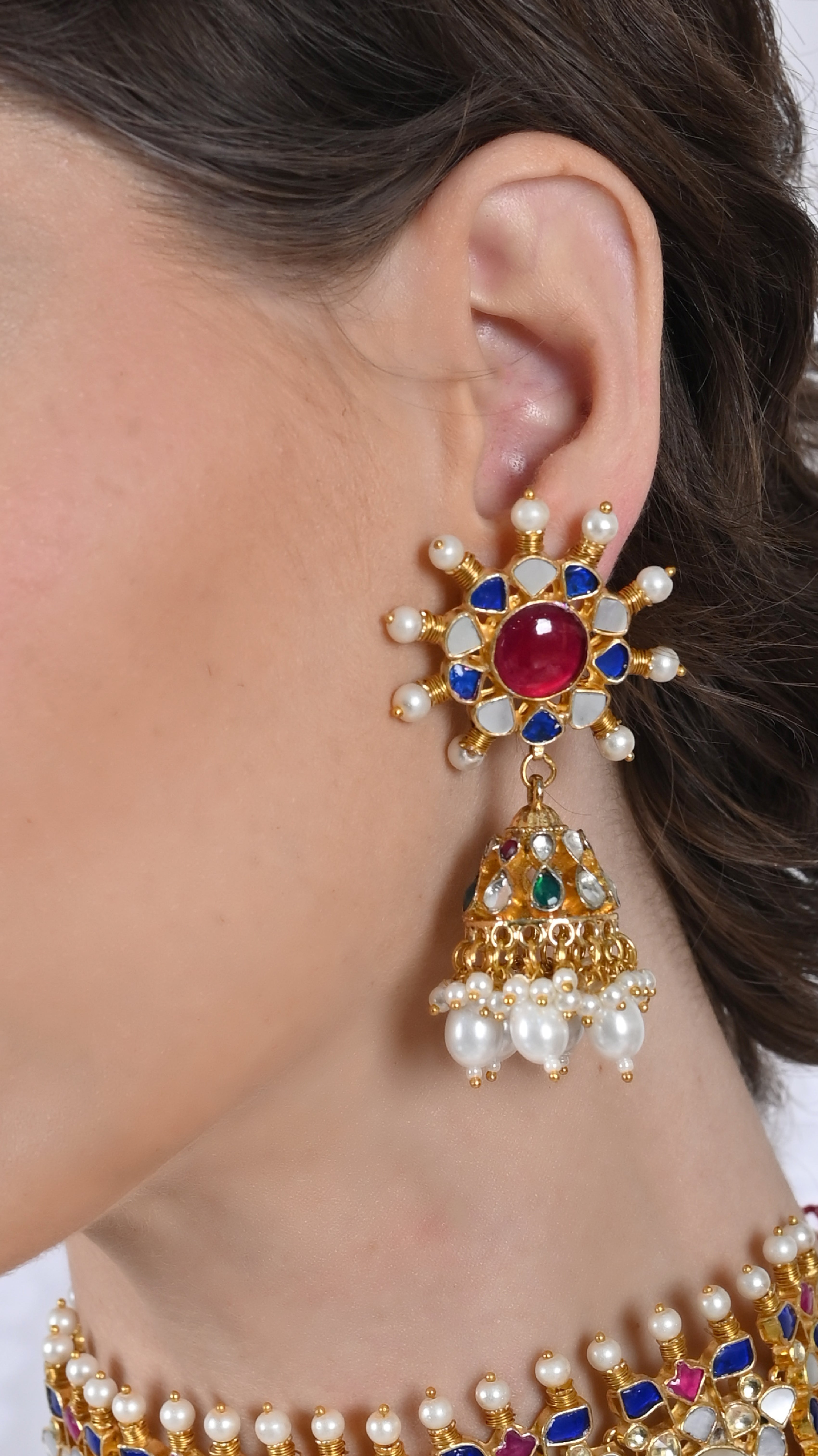 SJN1024- Multi Colour Gold Plated Jadau Kundan Choker with Earrings