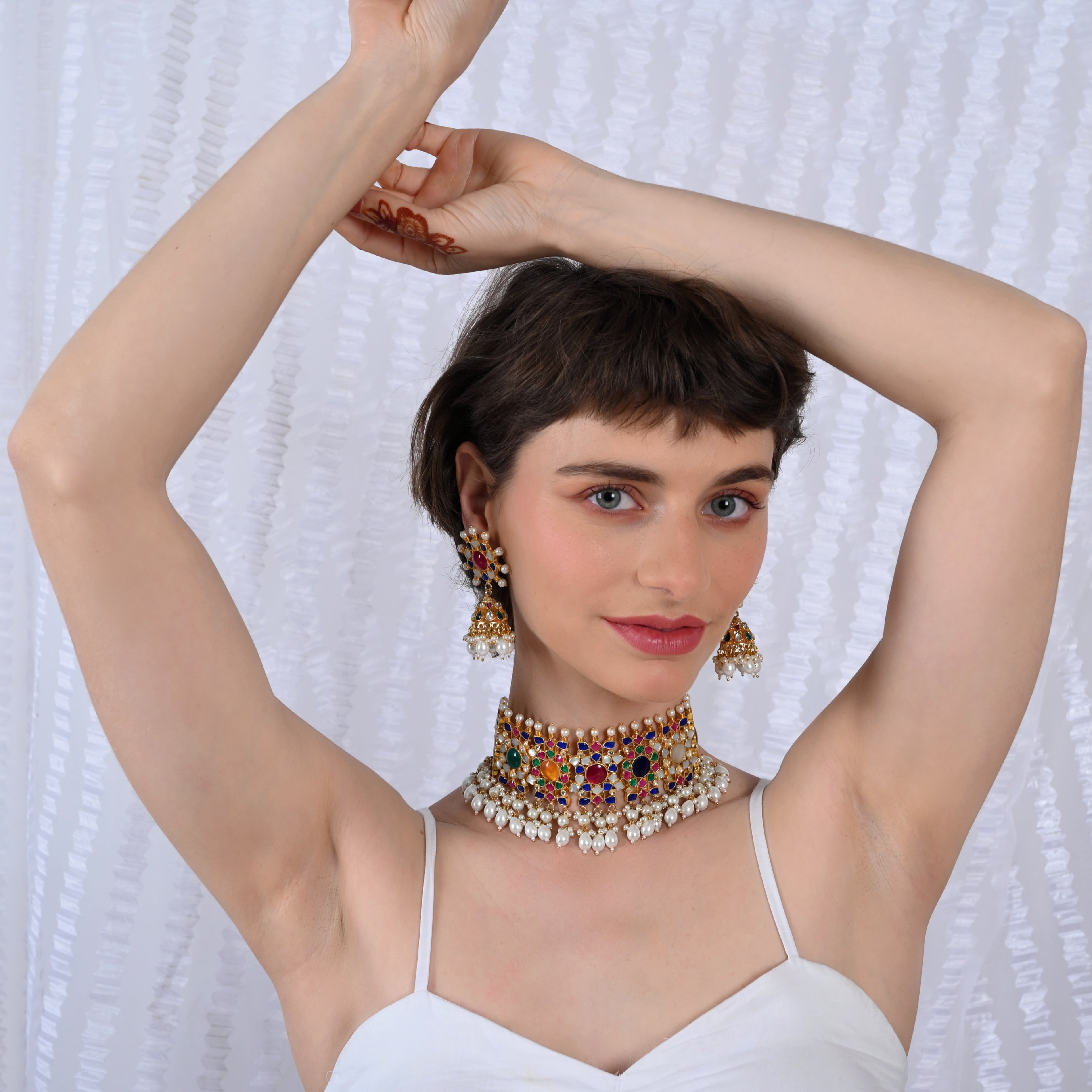 SJN1024- Multi Colour Gold Plated Jadau Kundan Choker with Earrings