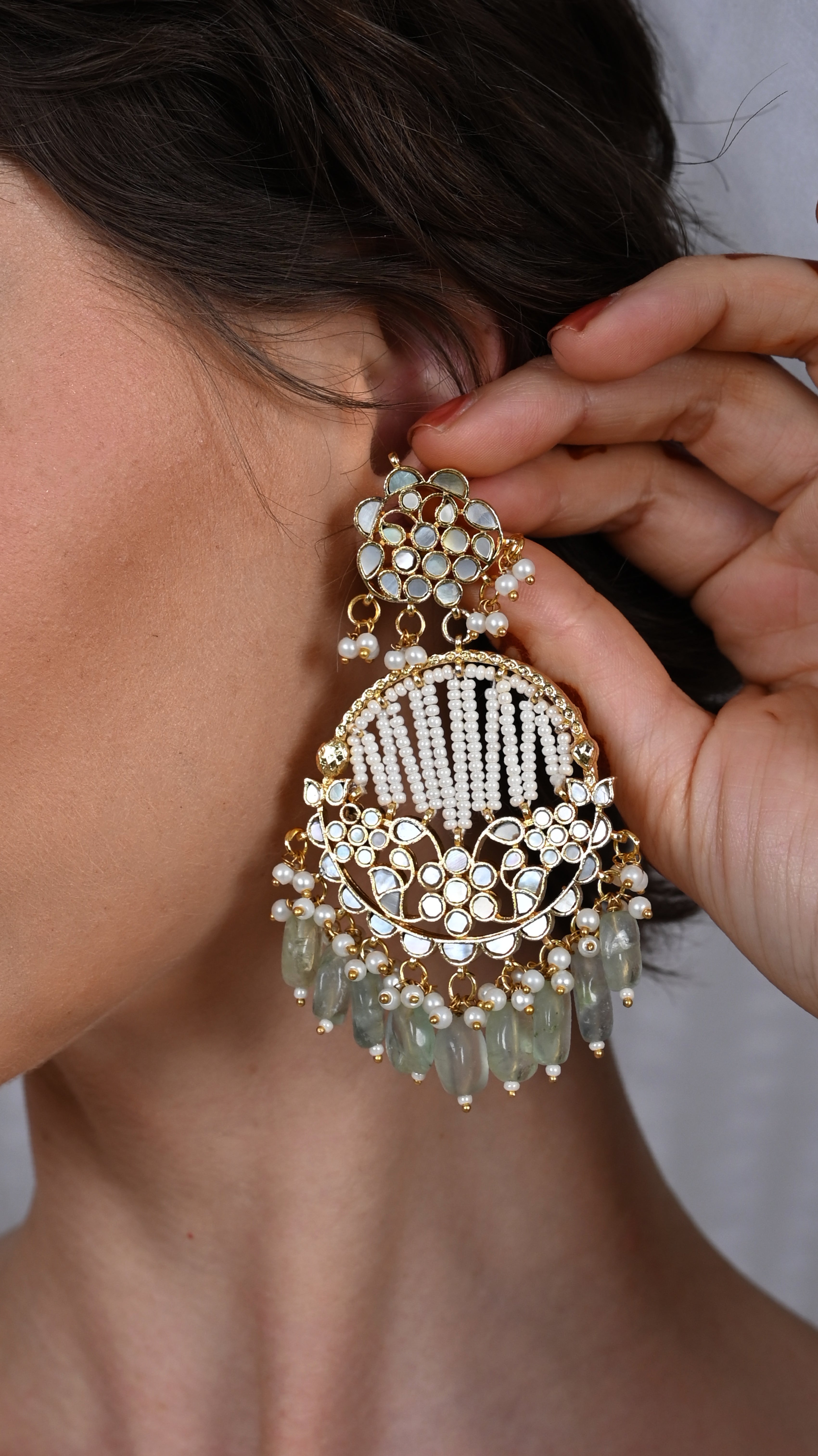 SJE1045- White Colour Gold Plated Mother of Pearl Chandbali Earrings
