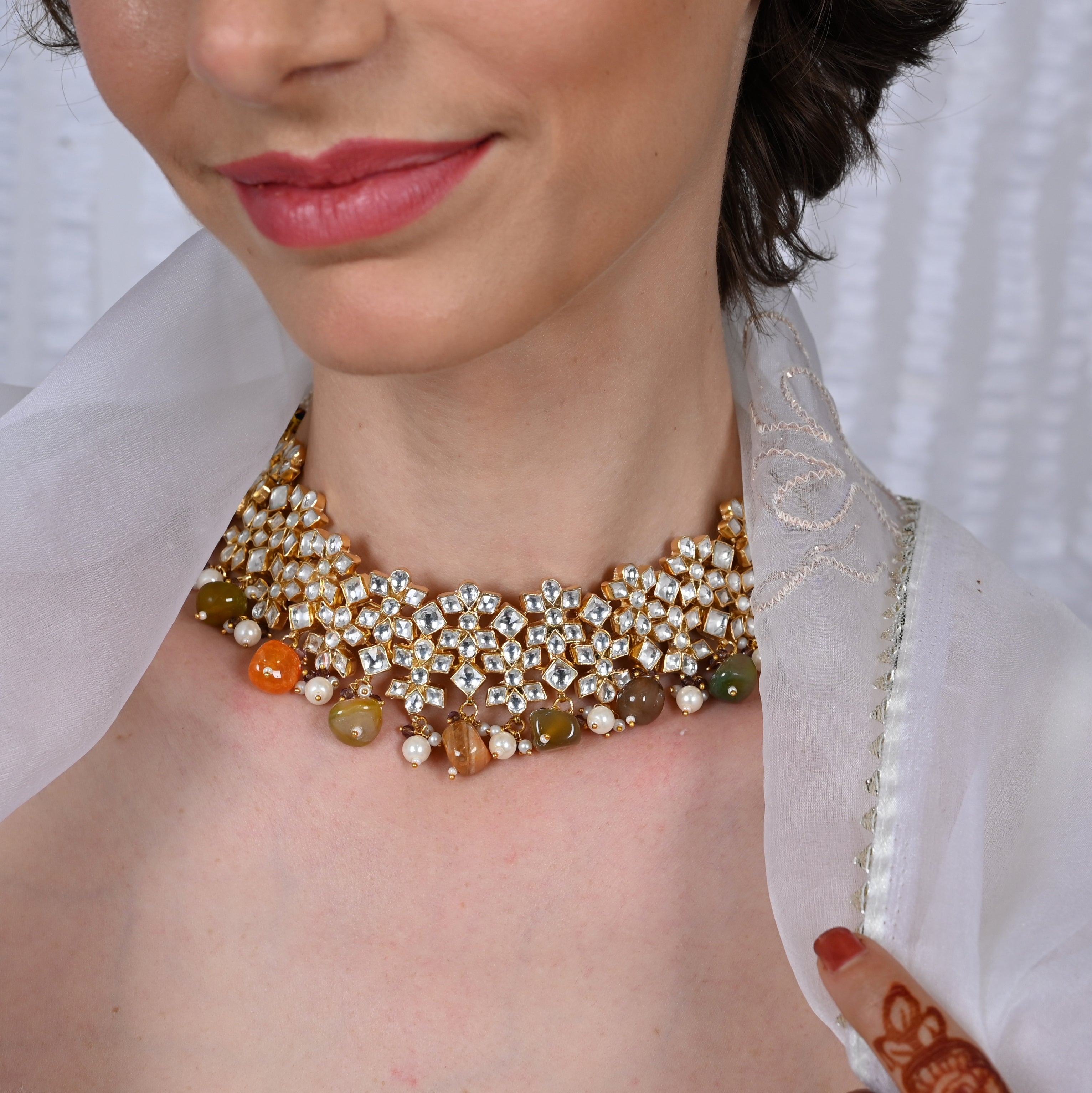 SJN1037- White Colour Gold Plated Jadau Kundan Necklace with Earrings