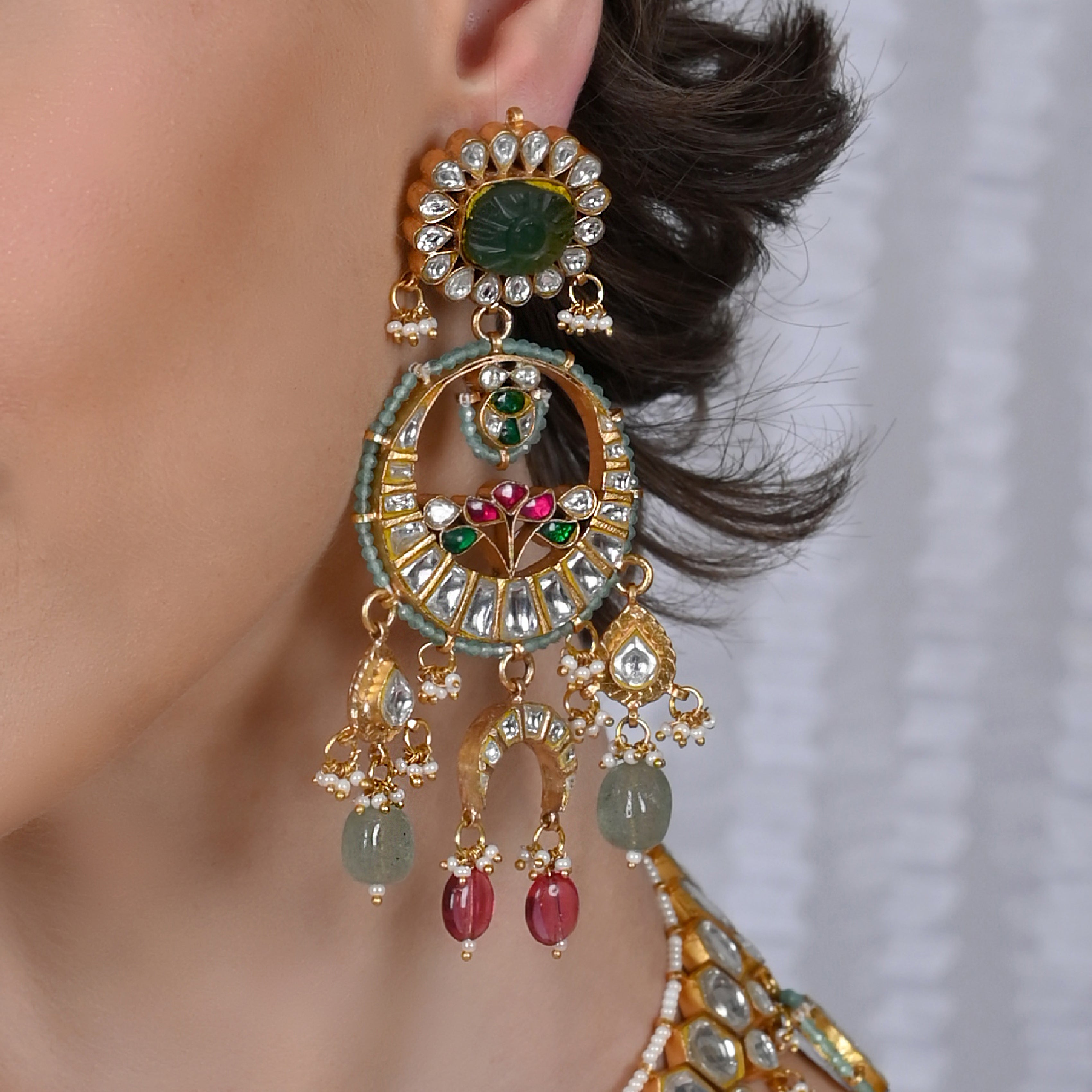 SJN1035- Multi Colour Gold Plated Jadau Kundan Necklace with Earrings