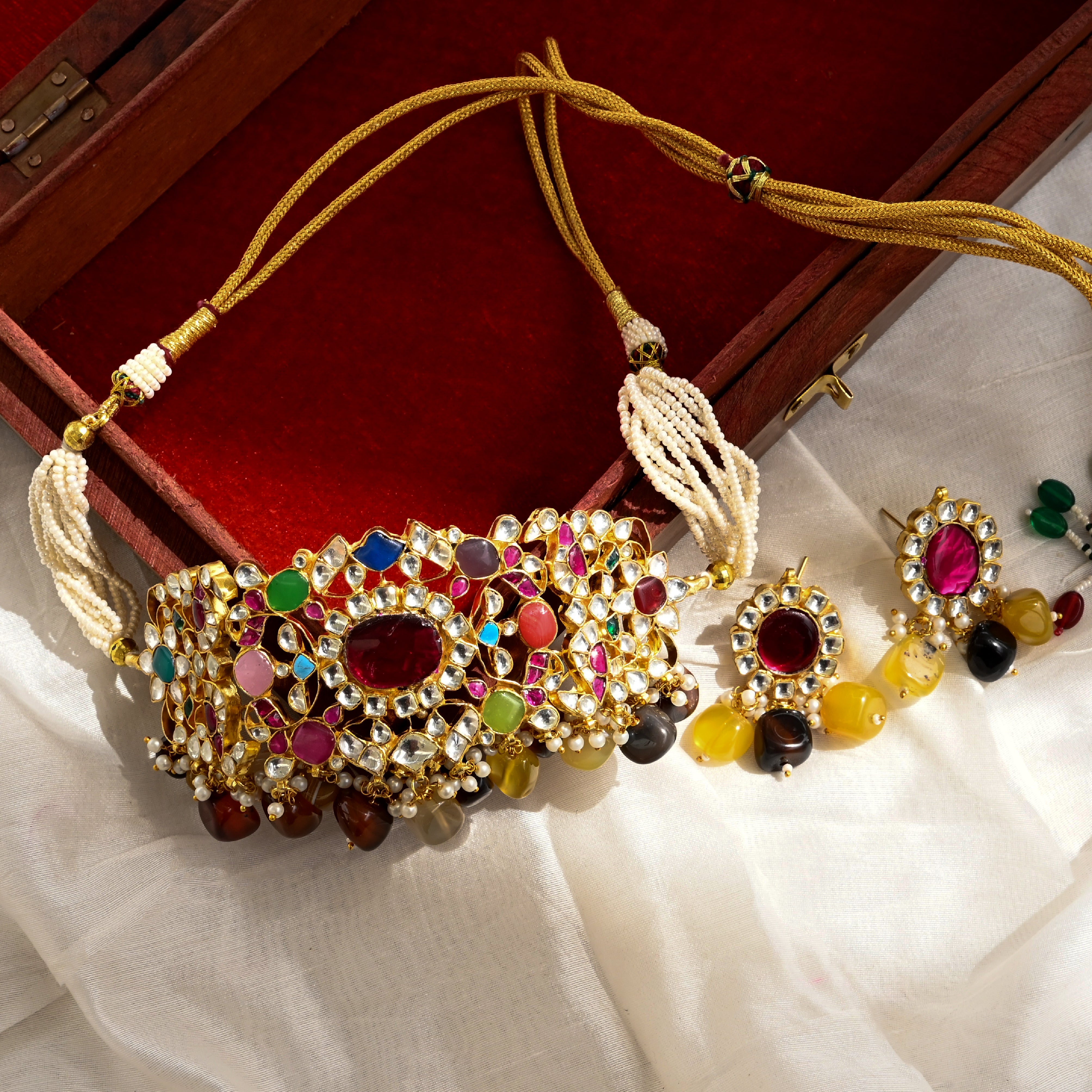 SJN1040- Multi Colour Gold Plated Jadau Kundan Choker with Earrings