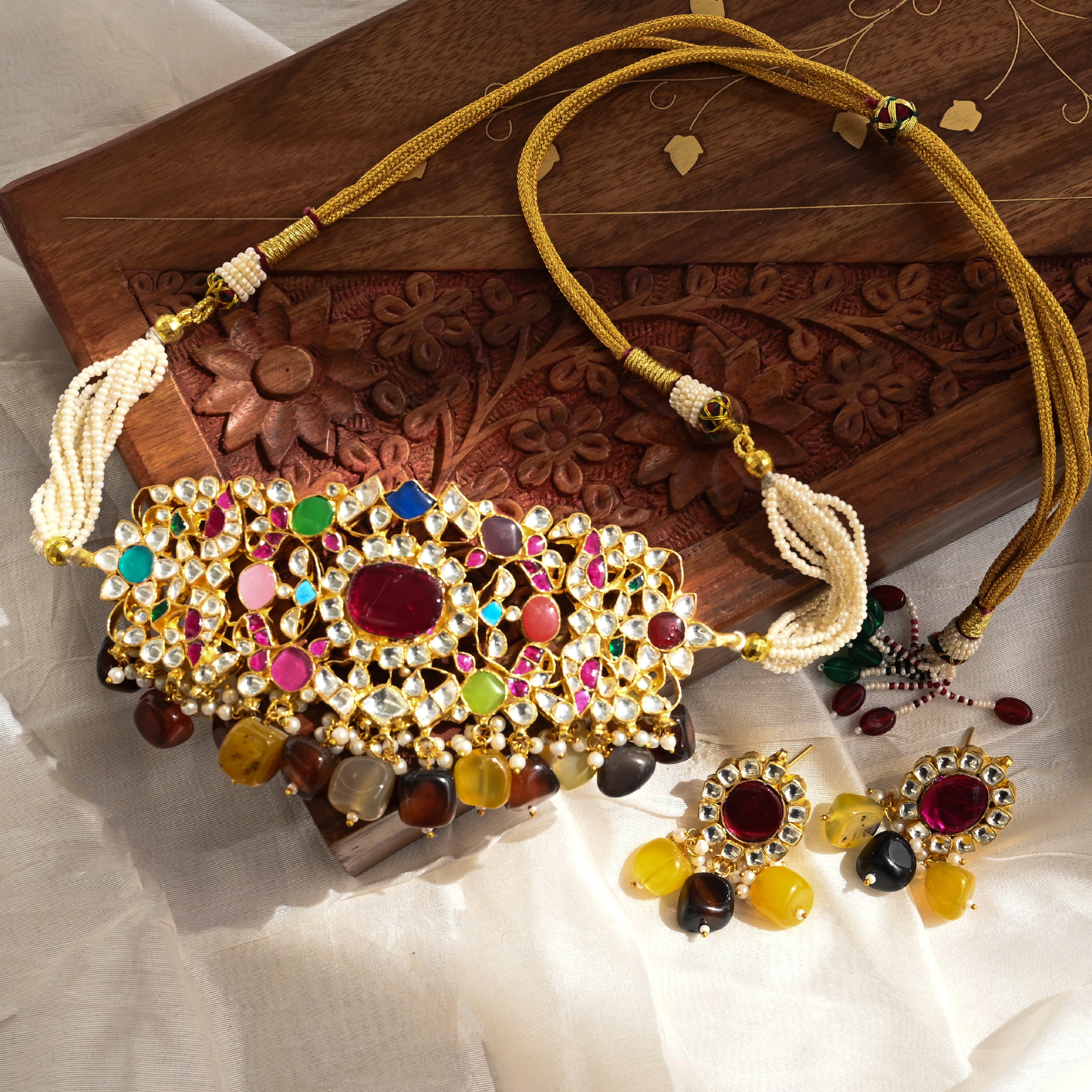 SJN1040- Multi Colour Gold Plated Jadau Kundan Choker with Earrings