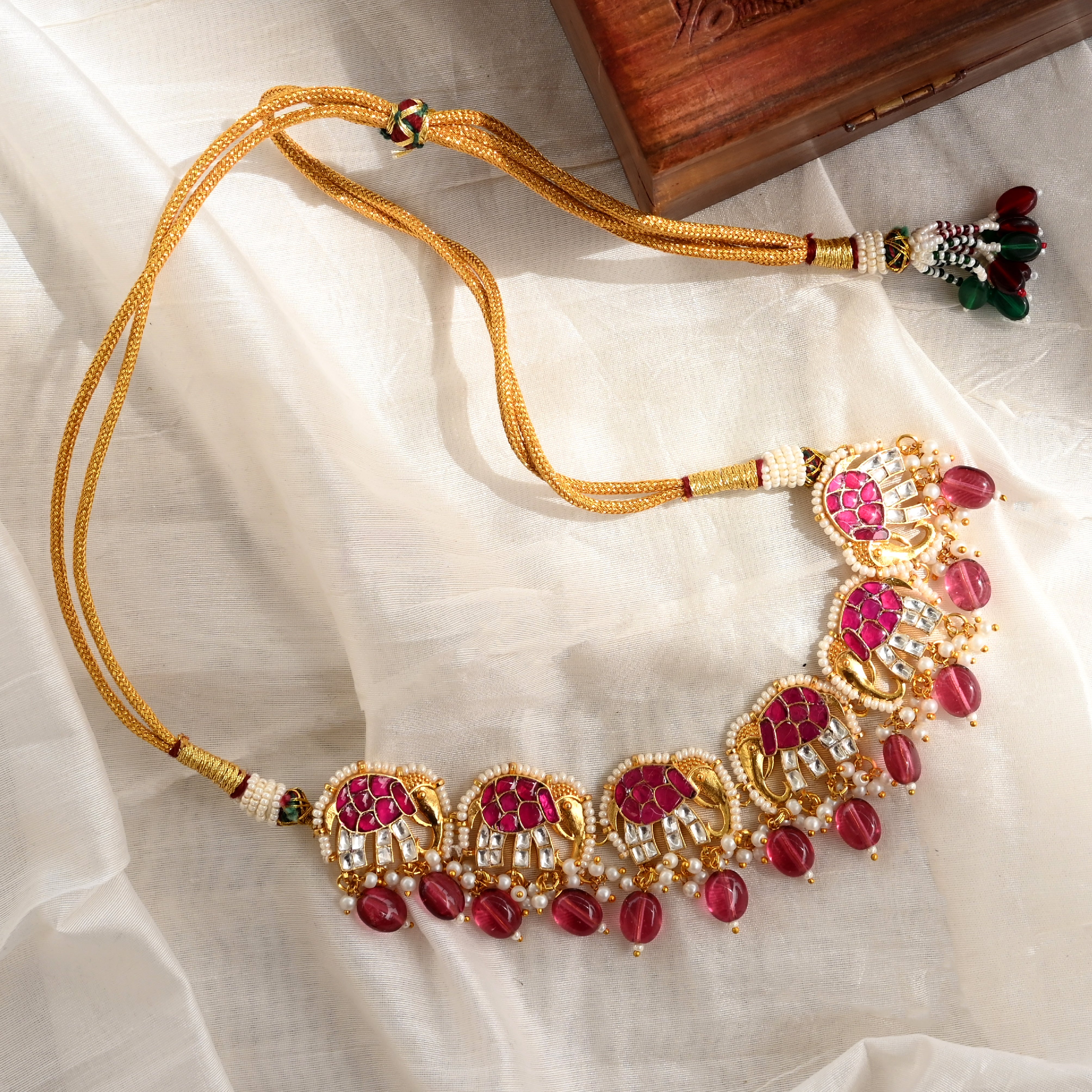 SJN1041- Pink and White Colour Gold Plated Jadau Kundan Elephant Motif Choker