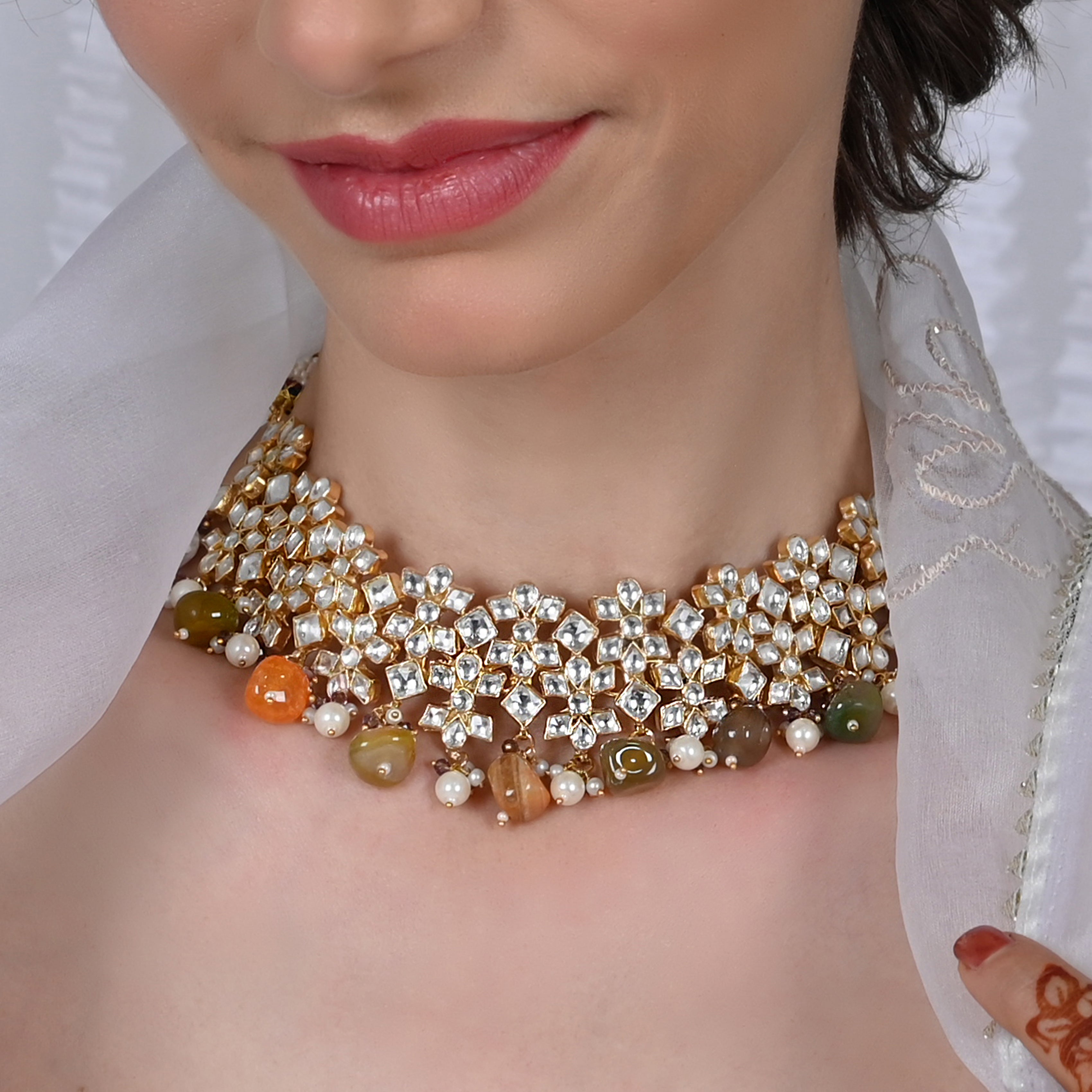 SJN1037- White Colour Gold Plated Jadau Kundan Necklace with Earrings