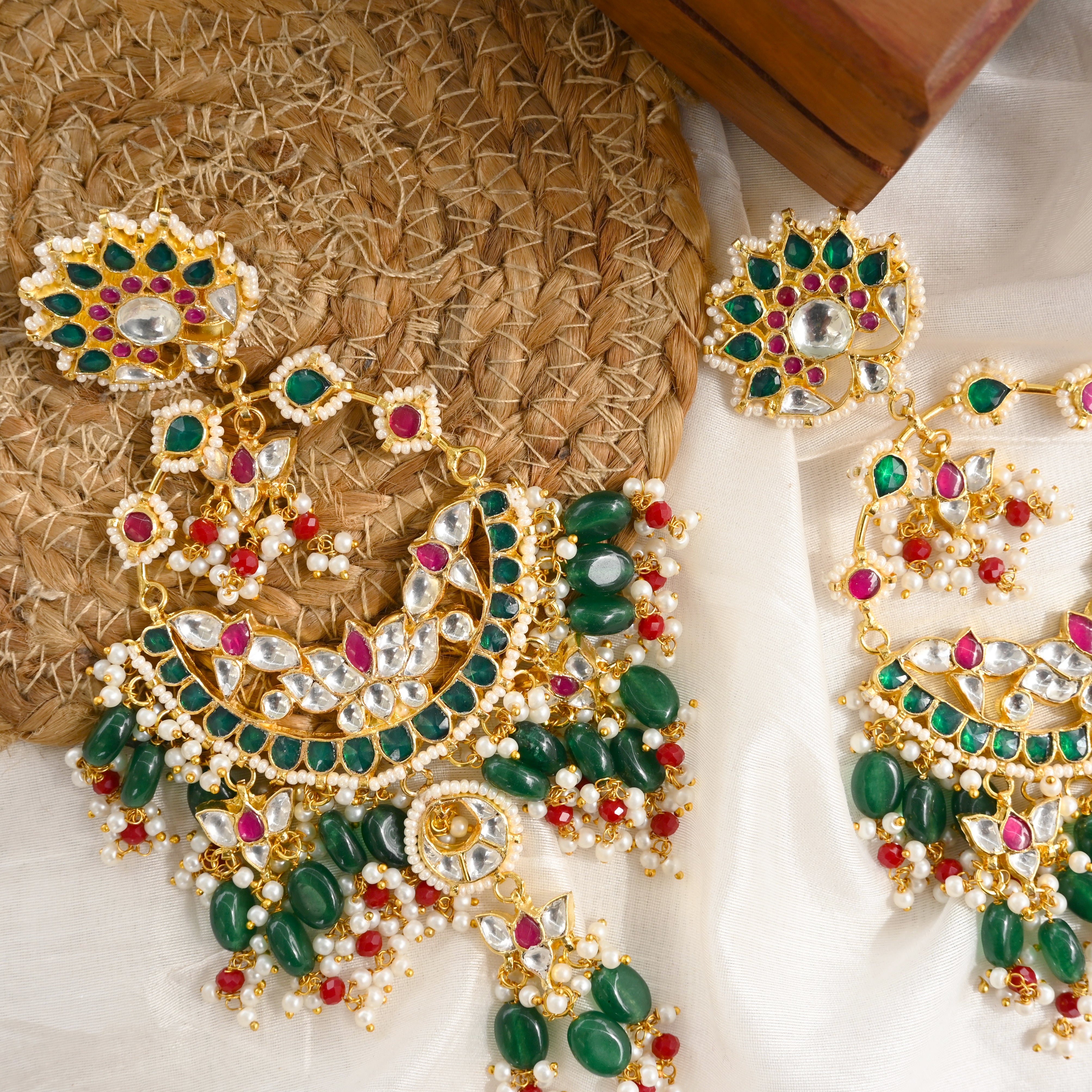 SJE1044- Multi Colour Gold Plated Jadau Kundan Chandbali Earrings