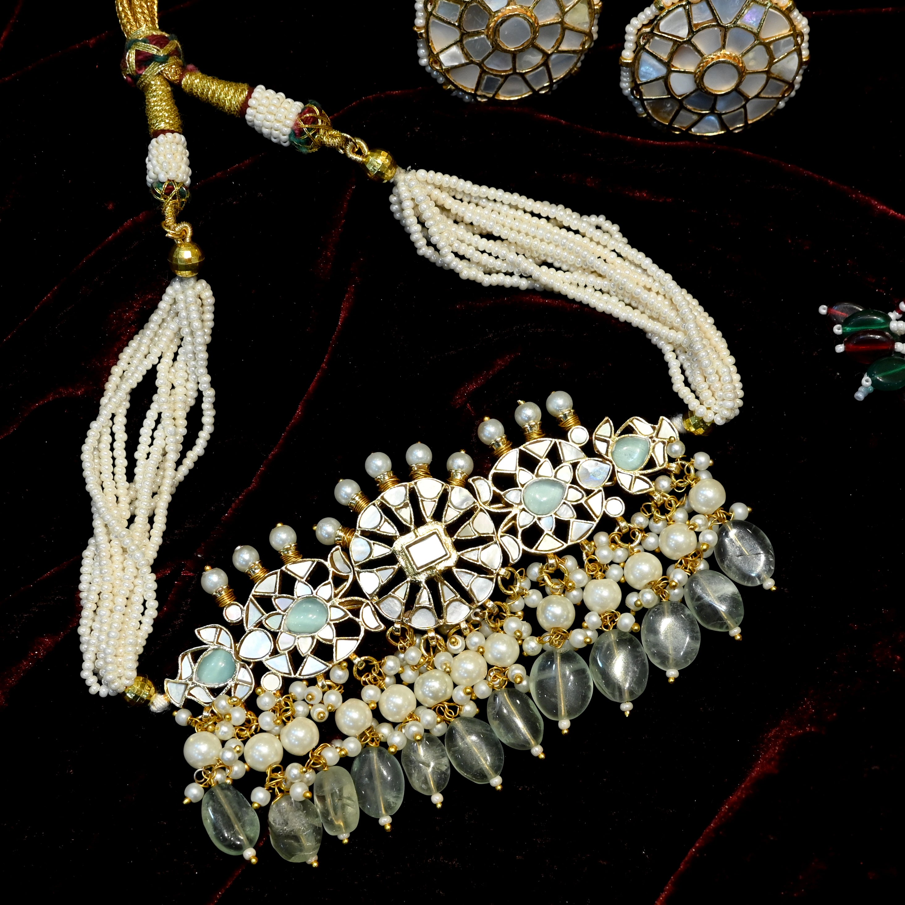 SJC1009- White Colour Gold Plated Jadau Kundan Choker with Earrings
