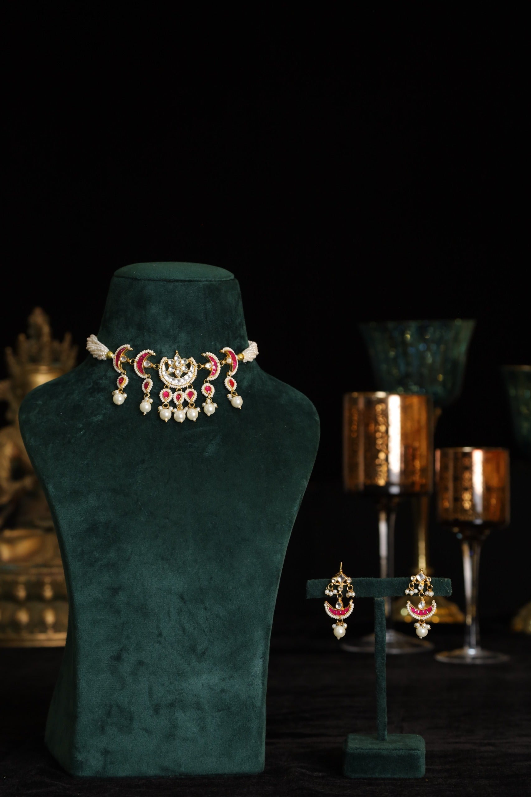 SJN1196- Pink and White Colour Gold Plated Jadau Kundan Choker with Earrings