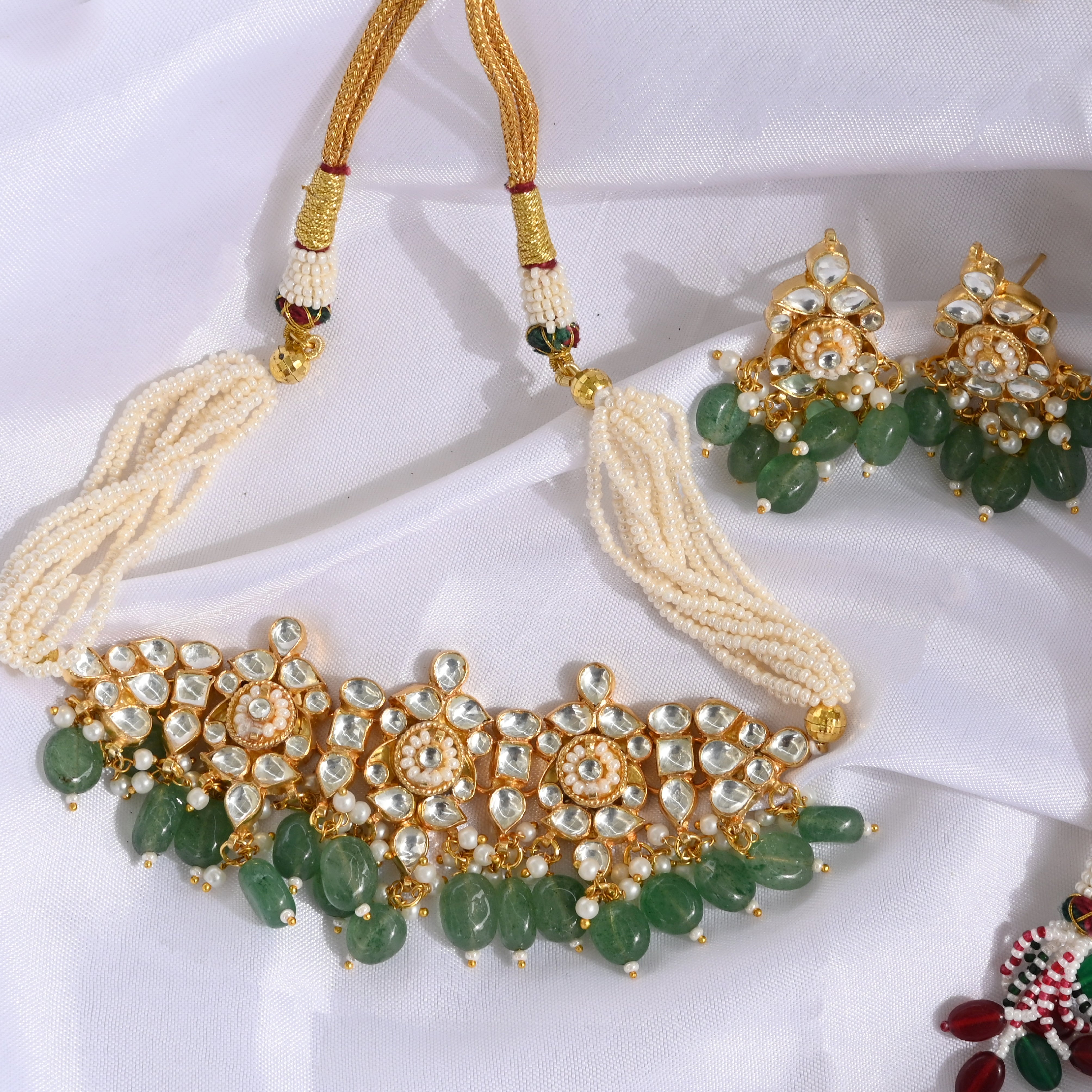 SJN1049- White and Green Colour Gold Plated Jadau Kundan Choker with Earrings