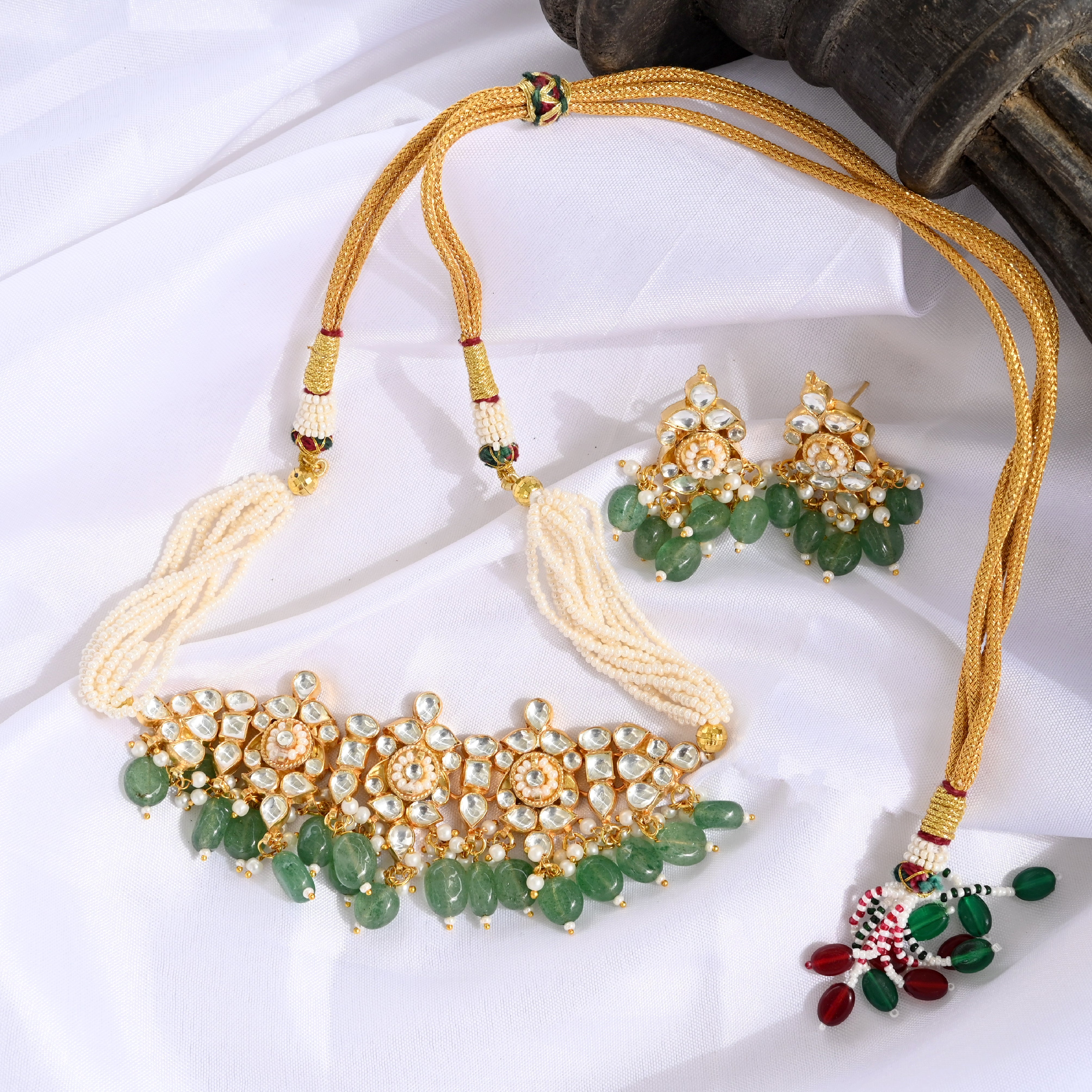 SJN1049- White and Green Colour Gold Plated Jadau Kundan Choker with Earrings